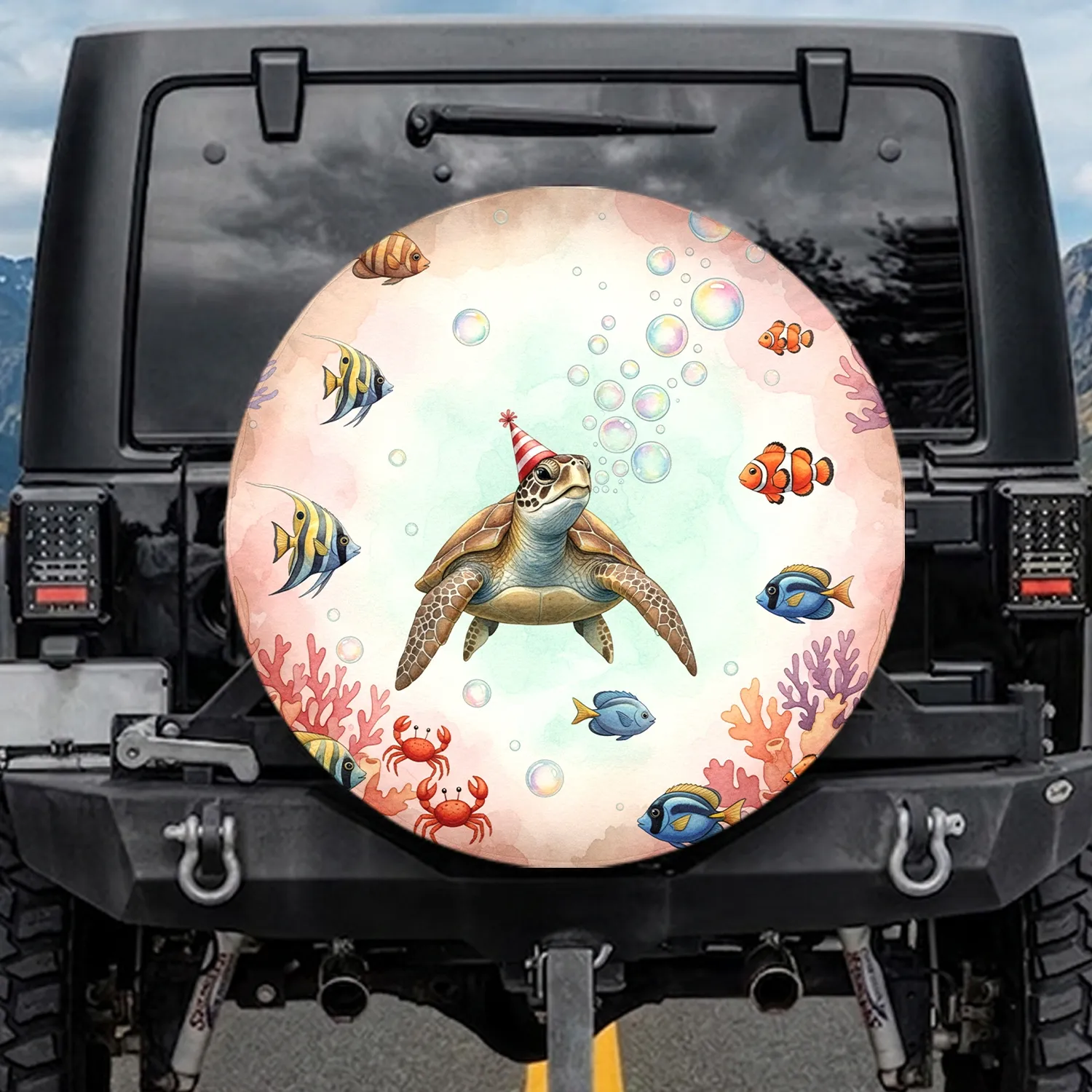 Sea Turtle Party Hat Tropical Fish Coral Underwater Scene - Wildlife Lover Gift Spare Tire Cover - 1