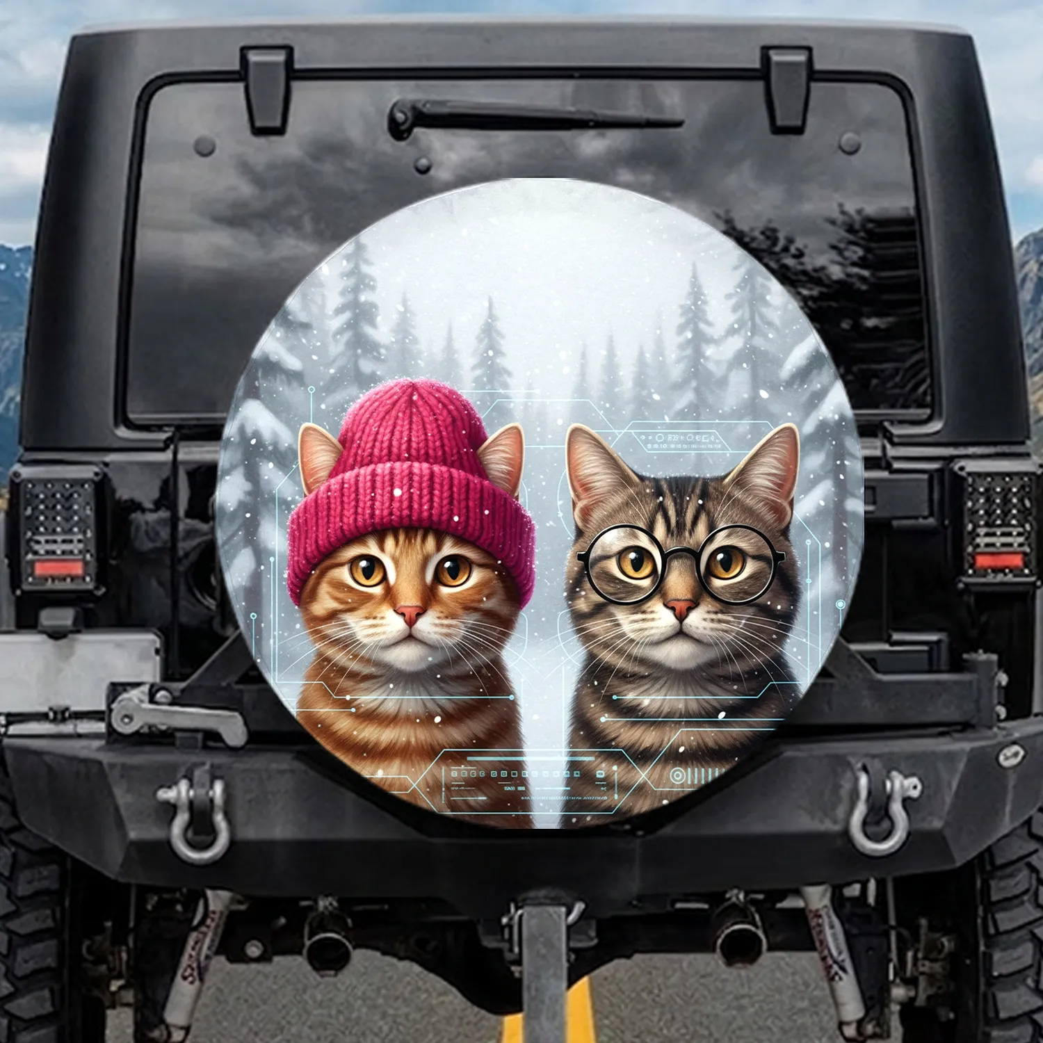 Tabby Cats with Fuchsia Beanie, Glasses Winter Scene - Home Decor Gift for Cat Lovers Spare Tire Cover - 1
