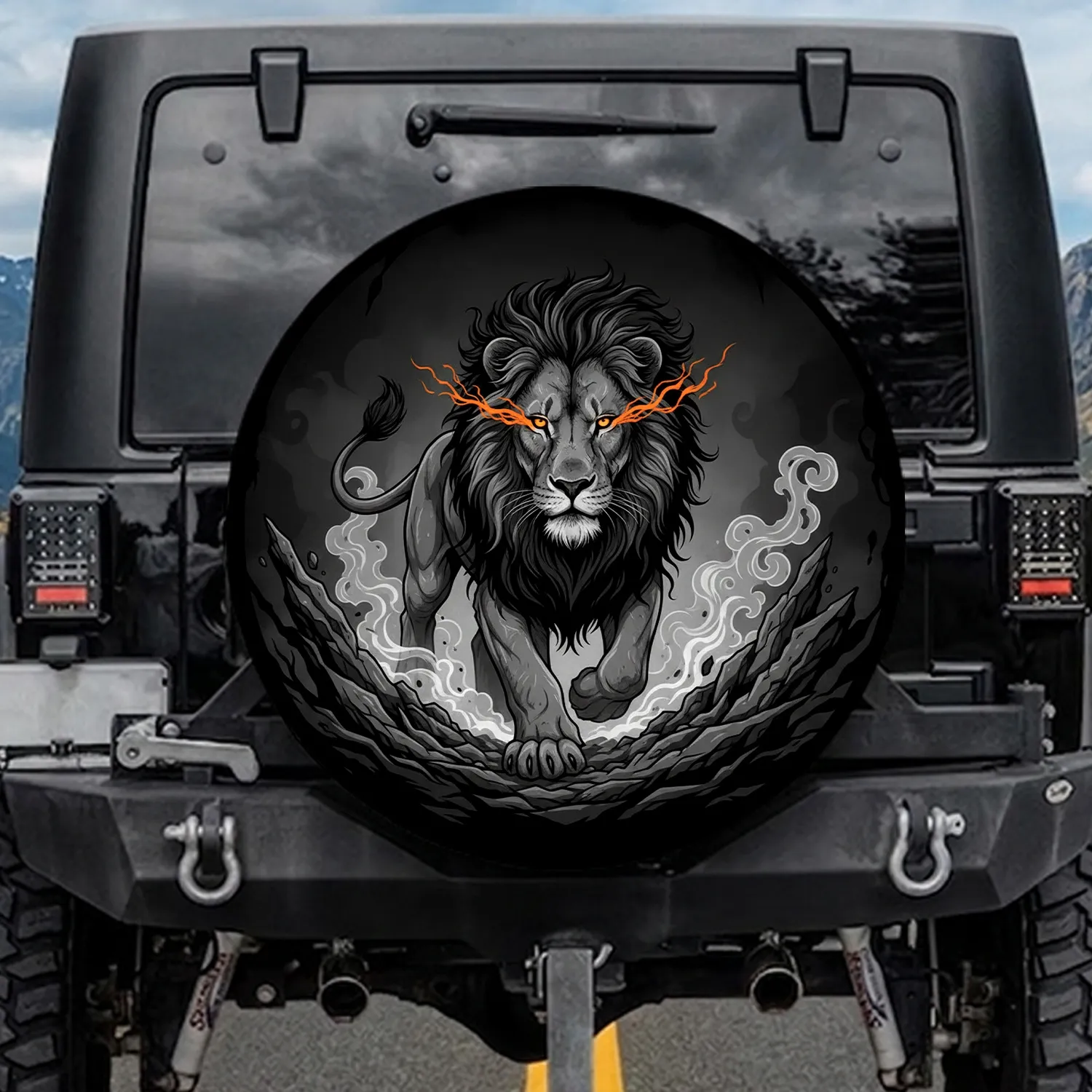 Mid-Stride Lion Orange Eyes Flowing Mane Jagged Rocks Smoke - Wildlife Lover Gift Spare Tire Cover - 1