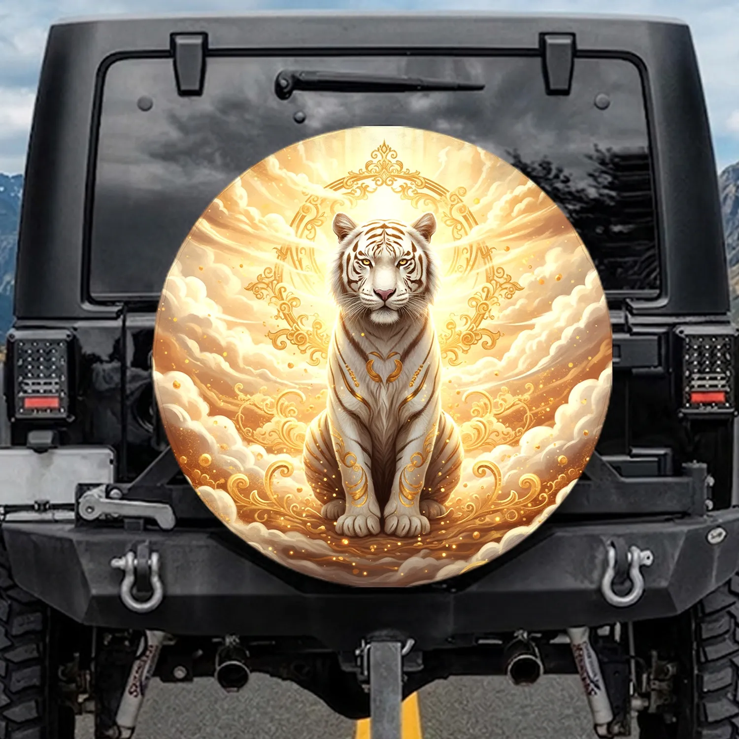 White Tiger Golden Filigree Scrollwork Celestial Clouds - Wildlife Lover Gift Spare Tire Cover - 1