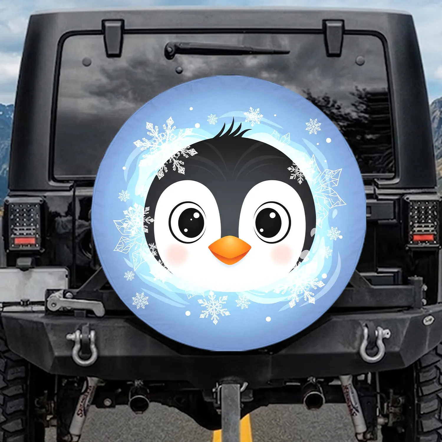 Cartoon Penguin Face Ice Crystals Snowflakes - Winter Lifestyle Penguin Lover Gift Spare Tire Cover - 1