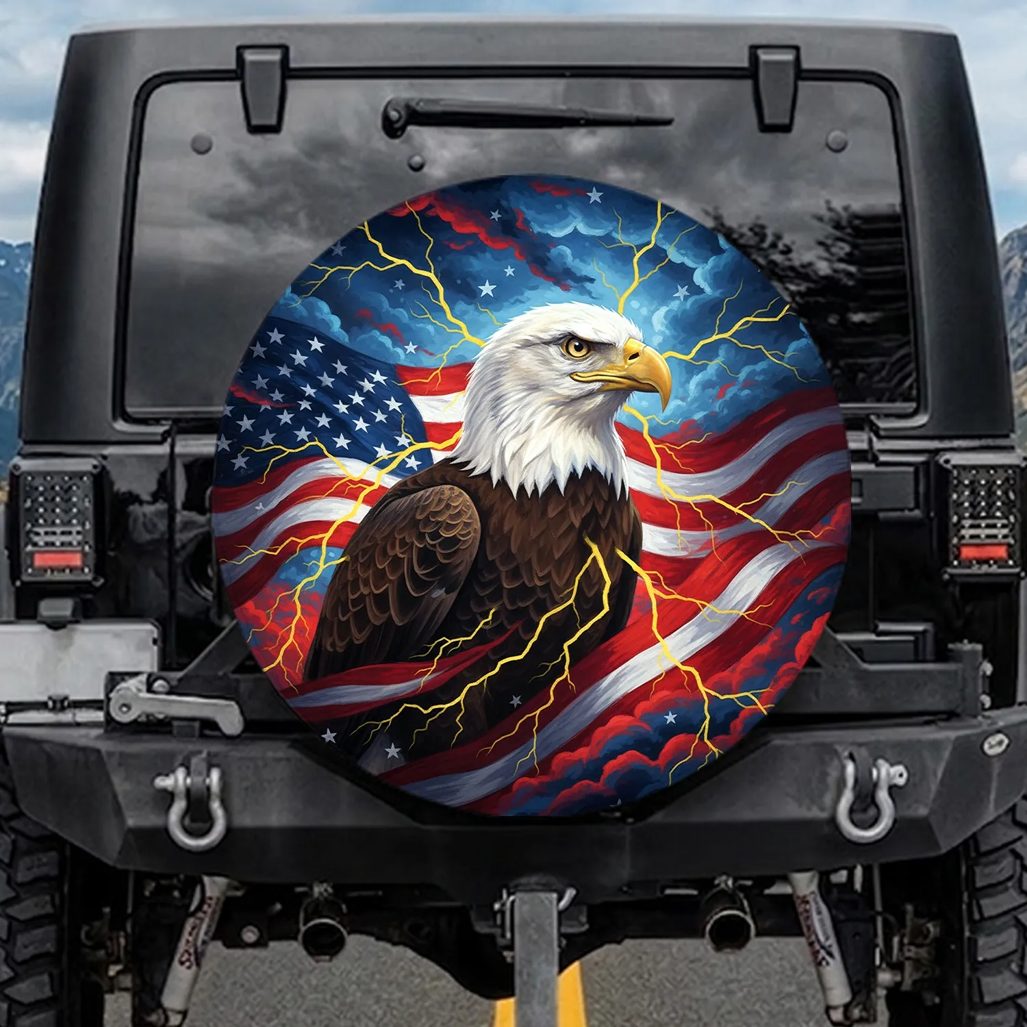 Bald Eagle American Flag Lightning Storm - Independence Day Gift for Veterans Spare Tire Cover - 1