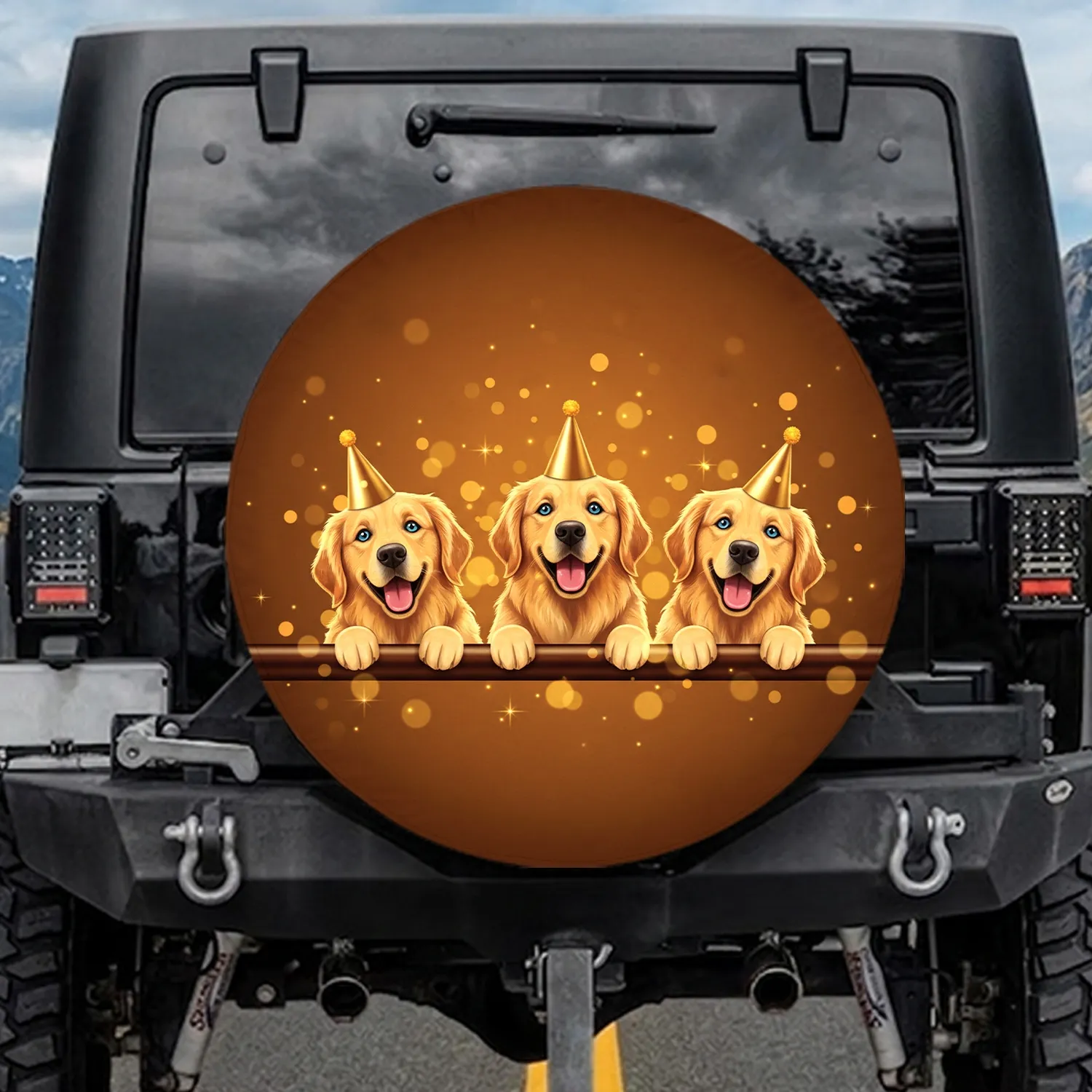 Three Golden Retriever Dogs Party Hats - Holiday Celebration Gift for Dog Lover Spare Tire Cover - 1
