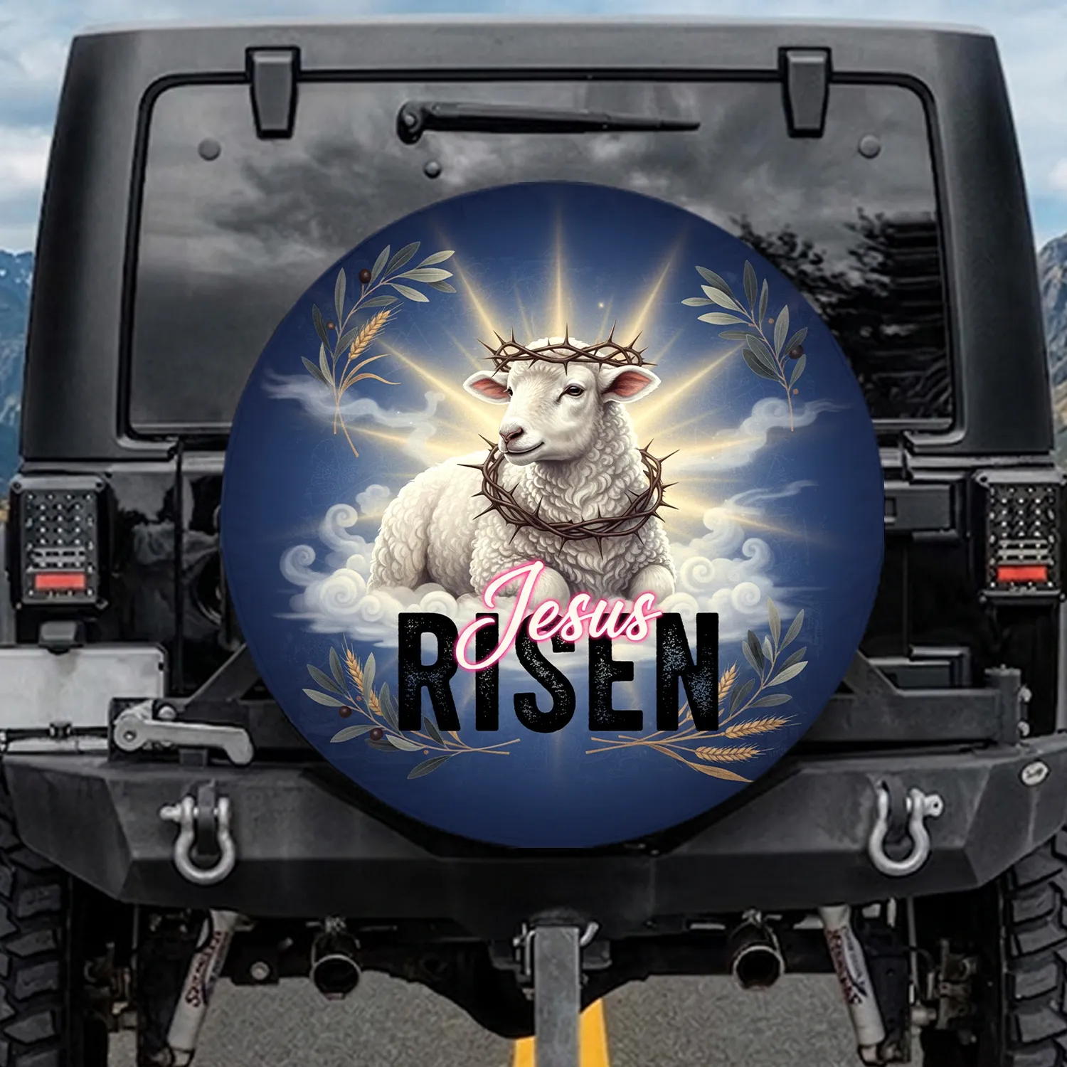 Lamb Thorns 'RISEN Jesus' Light Rays Faith-Inspired Decor Gift for Believers Spare Tire Cover - 1