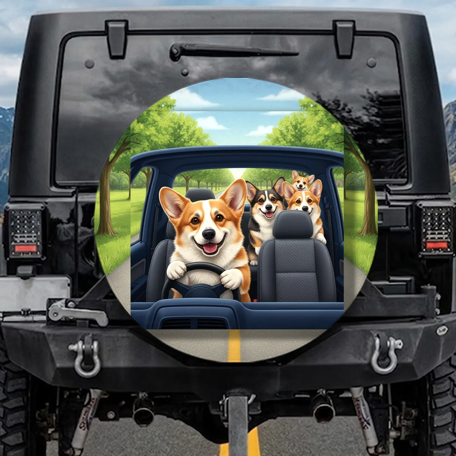 Corgis Driving Road Trip - Dog Lover Gift for Corgi Owners Spare Tire Cover - 1