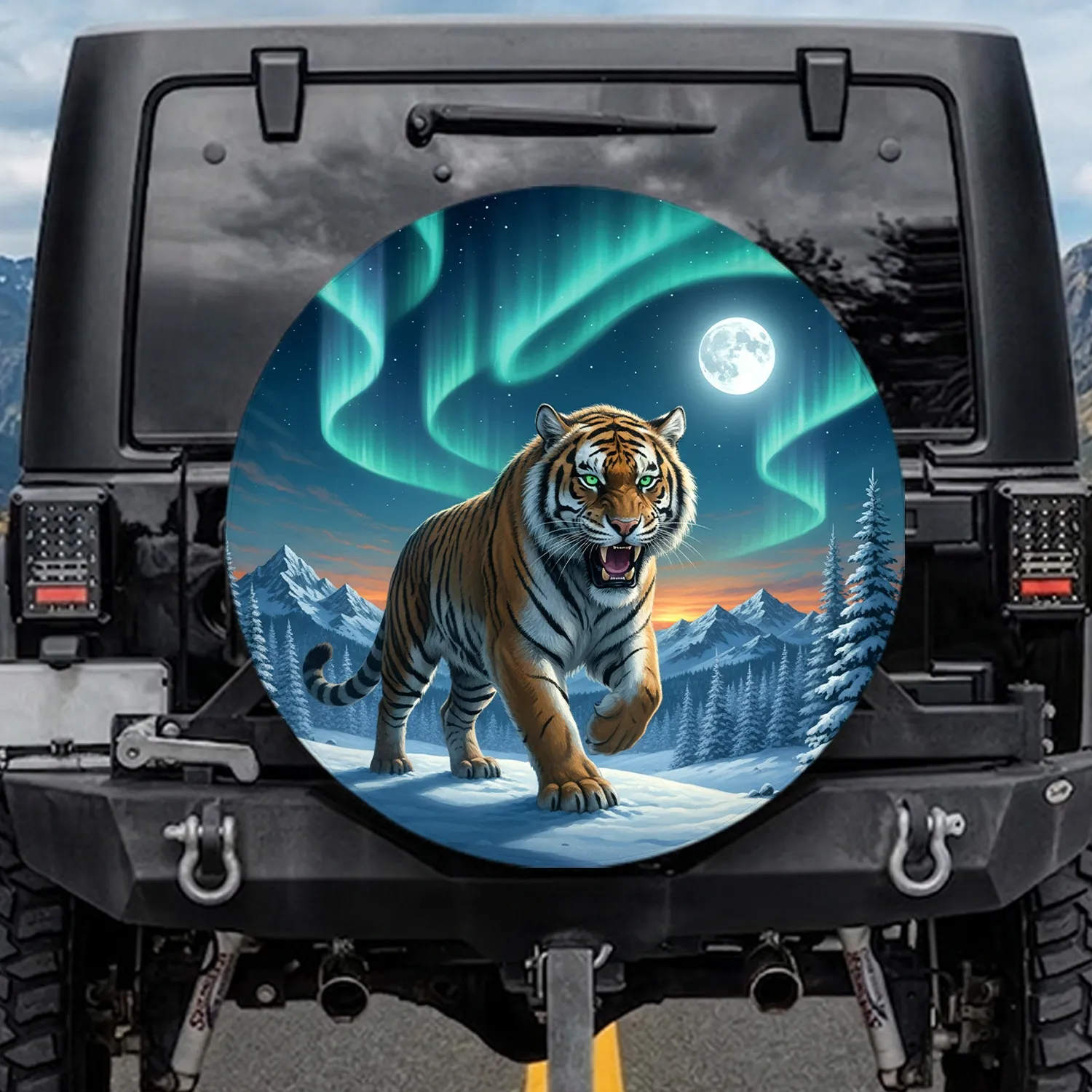 Siberian Tiger Aurora Full Moon Snow Mountains Evergreen Trees - Wildlife Lover Gift Spare Tire Cover - 1