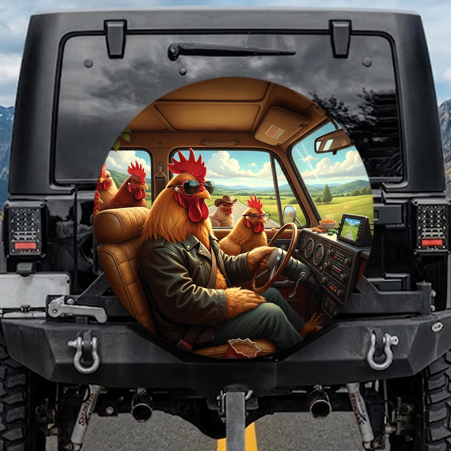 Rooster Sunglasses Chickens Road Trip - Adventure Travel Gift for Chicken Lover Spare Tire Cover - 1