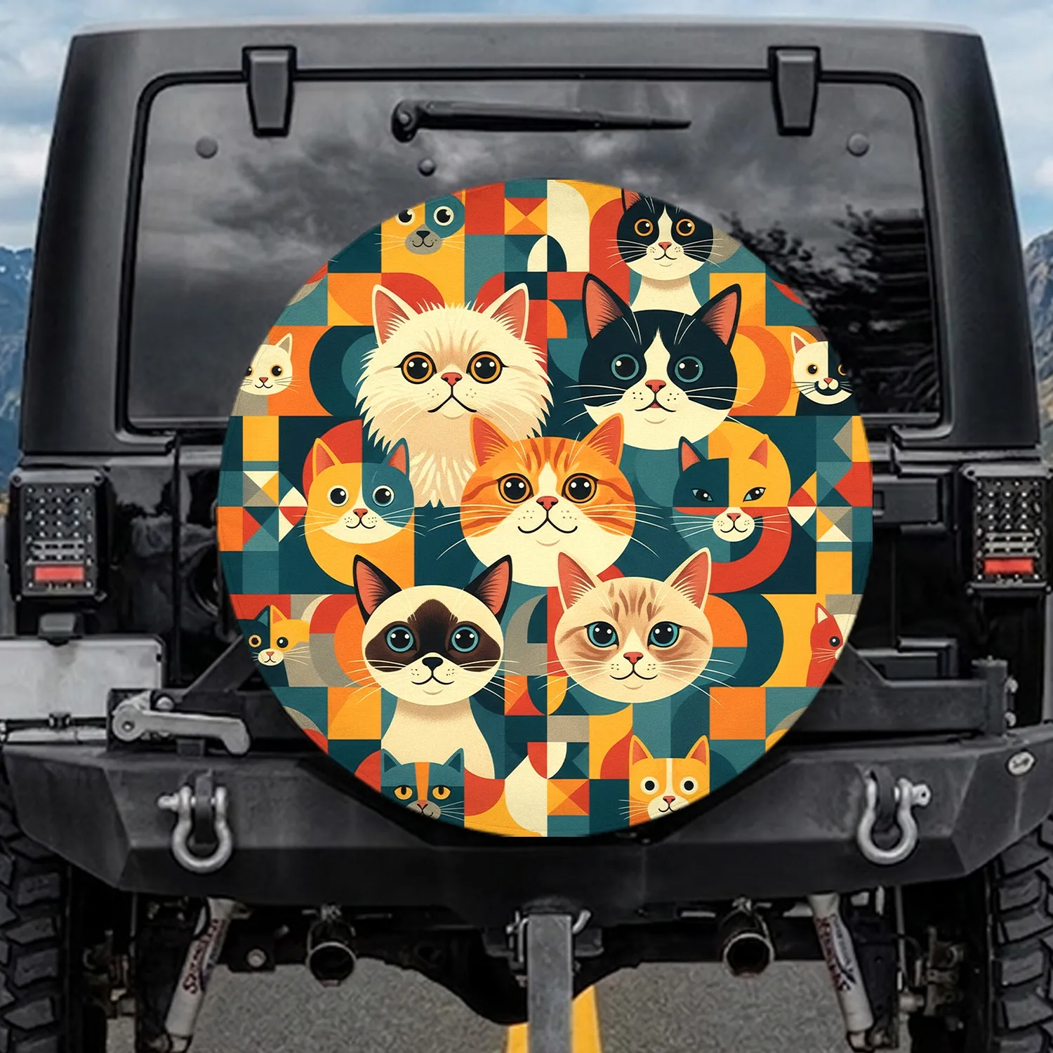 Vibrant Expressive Cat Faces Patchwork - Cat Lover Home Decor Gift Spare Tire Cover - 1
