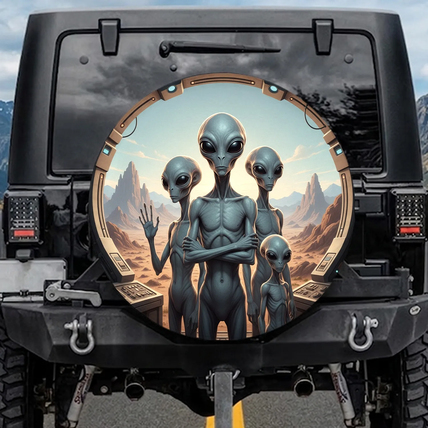 Grey Extraterrestrial Family Control Panel Desert - Travel Essentials Sci-Fi Fan Gift Spare Tire Cover - 1