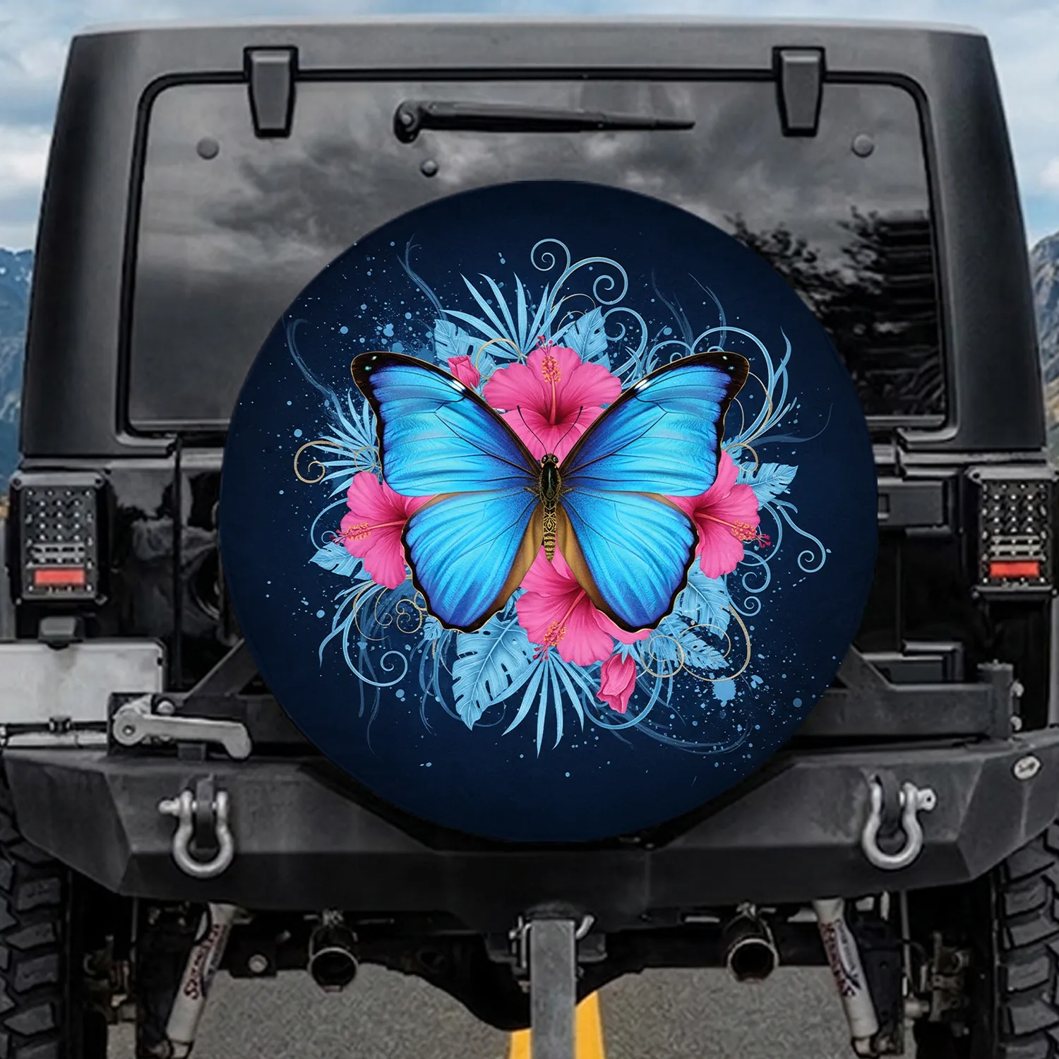 Iridescent Morpho Butterfly Pink Tropical Flowers Scrollwork - Wildlife Lover Gift Spare Tire Cover - 1