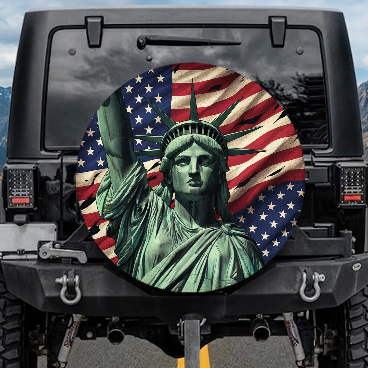 Verdigris Statue of Liberty Distressed American Flag - Patriotic Home Decor Gift for Veterans Spare Tire Cover - 1