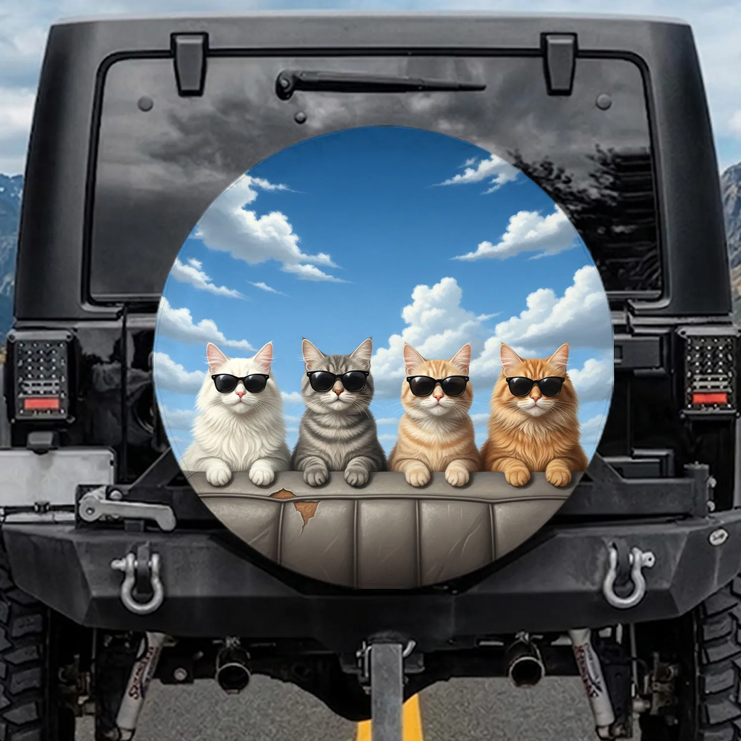 Confident Sunglass Cats Blue Sky Clouds - Outdoor Adventure Cat Lover Gift Spare Tire Cover - 1