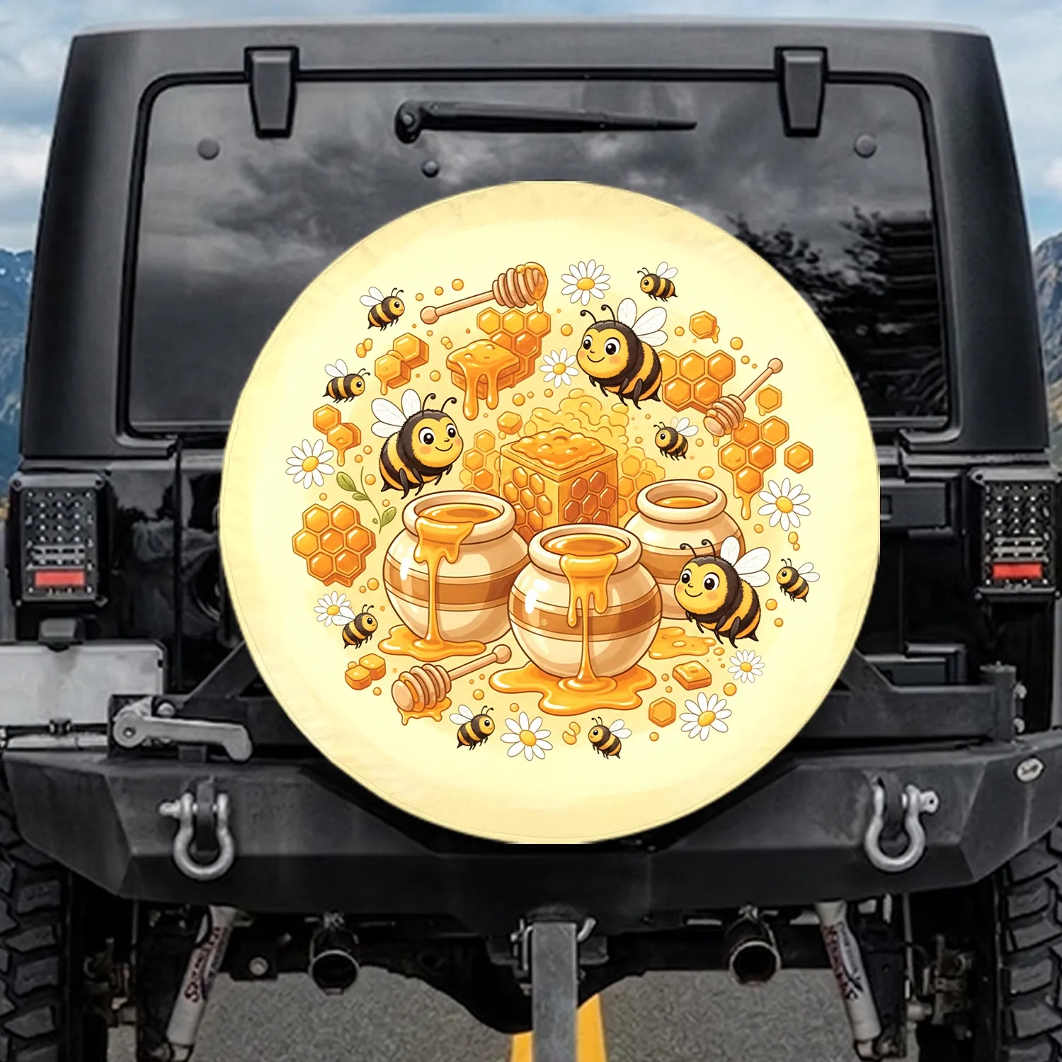 Happy Honey Bees Golden Honeycomb Honey Pot - Home Decor Gift for Bee Lover Spare Tire Cover - 1
