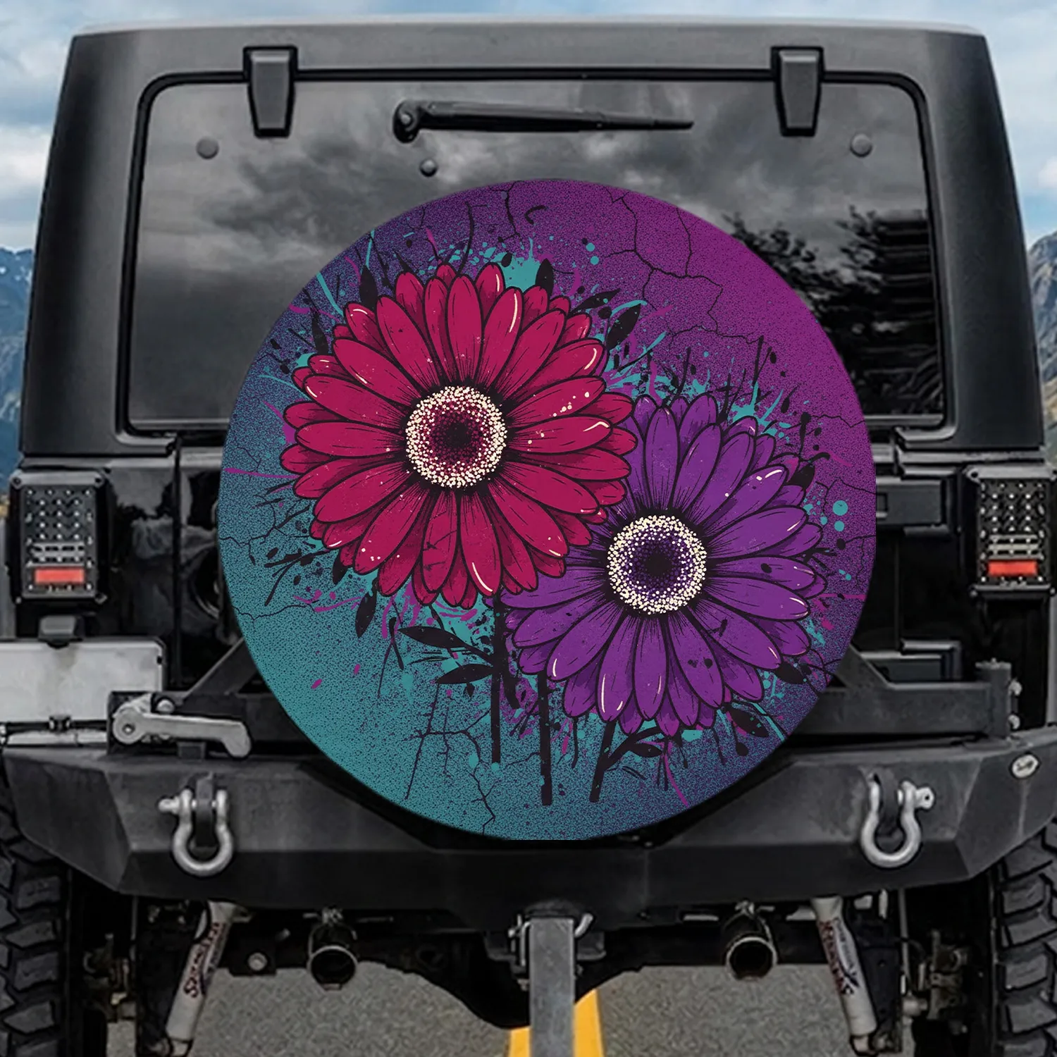 Gerbera Daisies Purple Teal Magenta Stems - Outdoor Decor Gift for Garden Lover Spare Tire Cover - 1