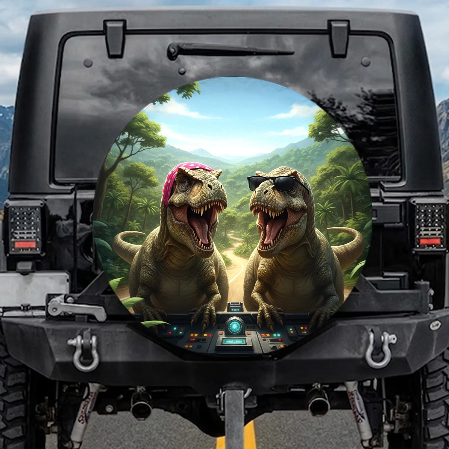 T-Rex Dinosaurs Pink Polka Dot Sunglasses Jungle Road - Adventure Fan Gift Spare Tire Cover - 1