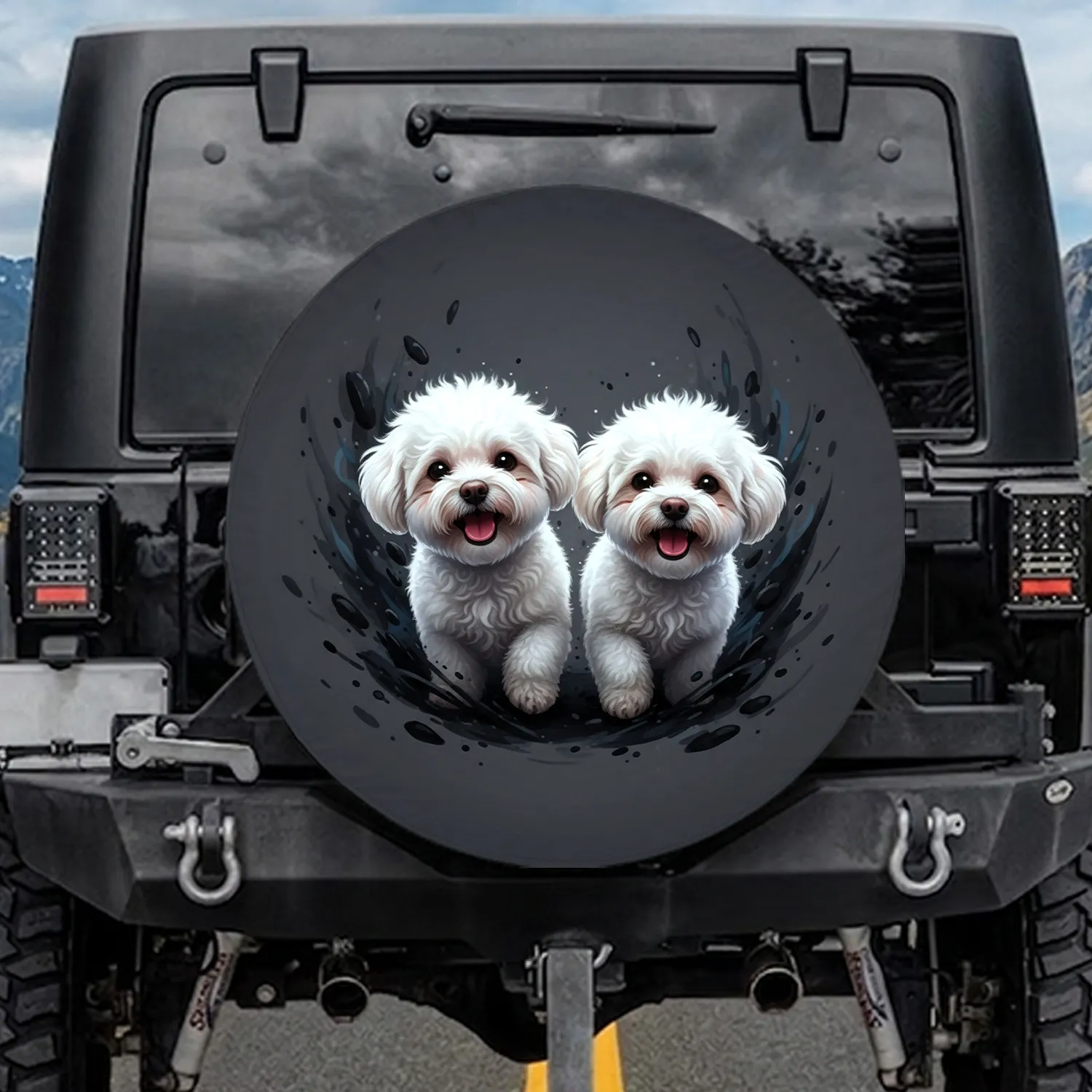 Fluffy White Dogs Smiling Pink Tongues - Adventure Road Trip Gift for Dog Lovers Spare Tire Cover - 1