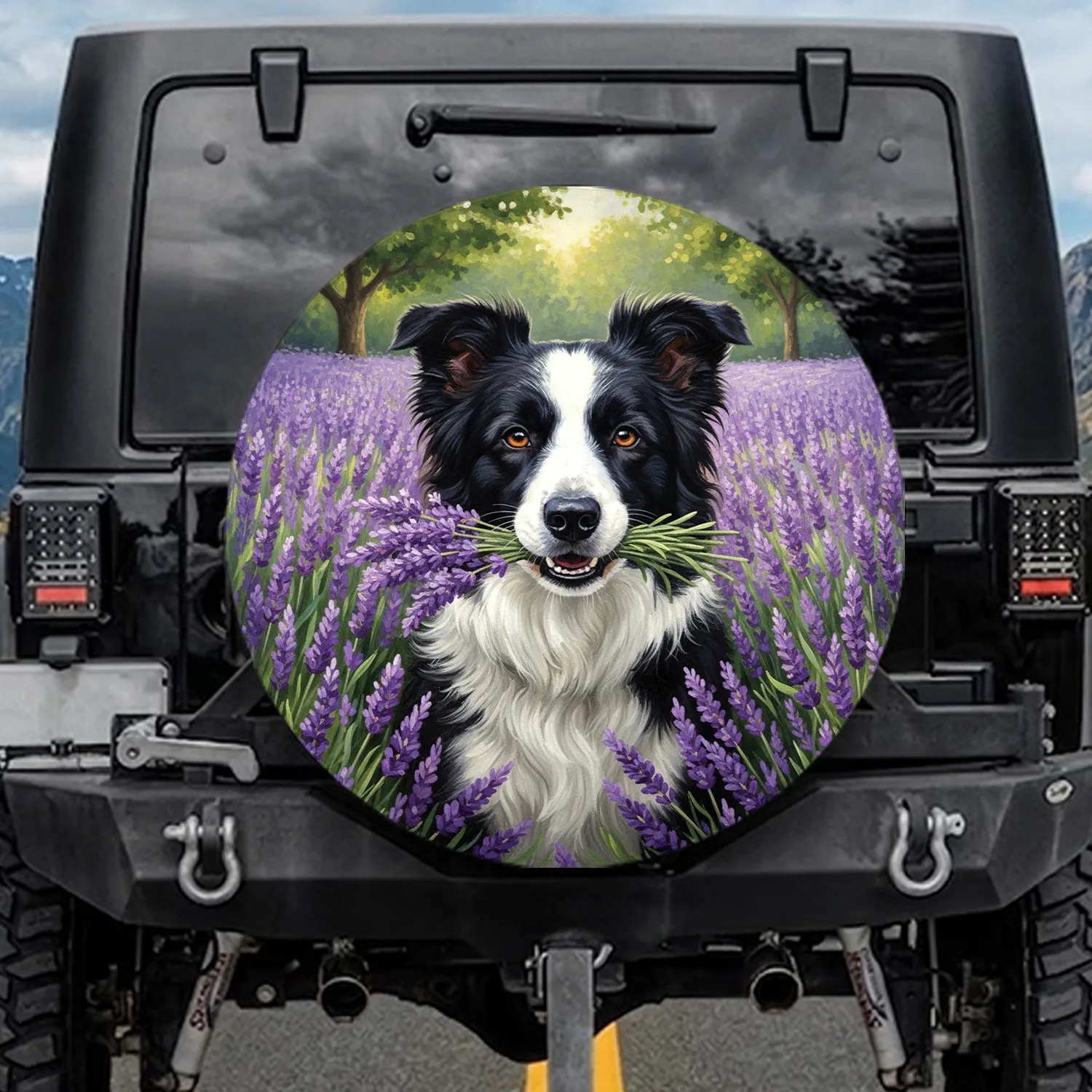 Black White Border Collie Dog Holding Lavender Flowers Field Trees - Dog Lover Gift Spare Tire Cover - 1