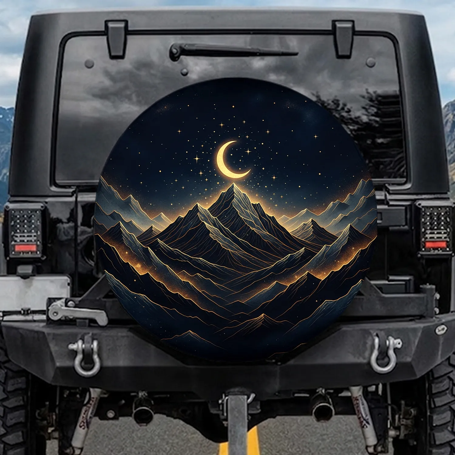 Luminous Golden Mountains Night Sky Moon - Adventure Lover Gift for Outdoors Enthusiast Spare Tire Cover - 1