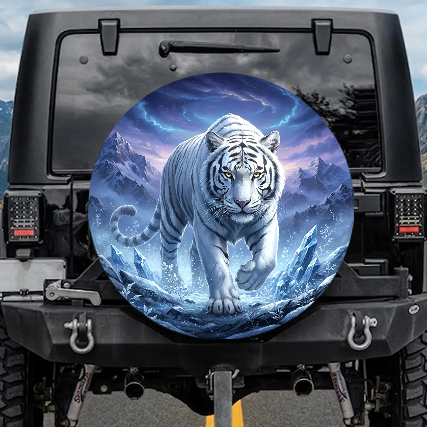 White Ice Crystal Tiger Alpine Peaks Vista - Wildlife Lover Gift Spare Tire Cover - 1