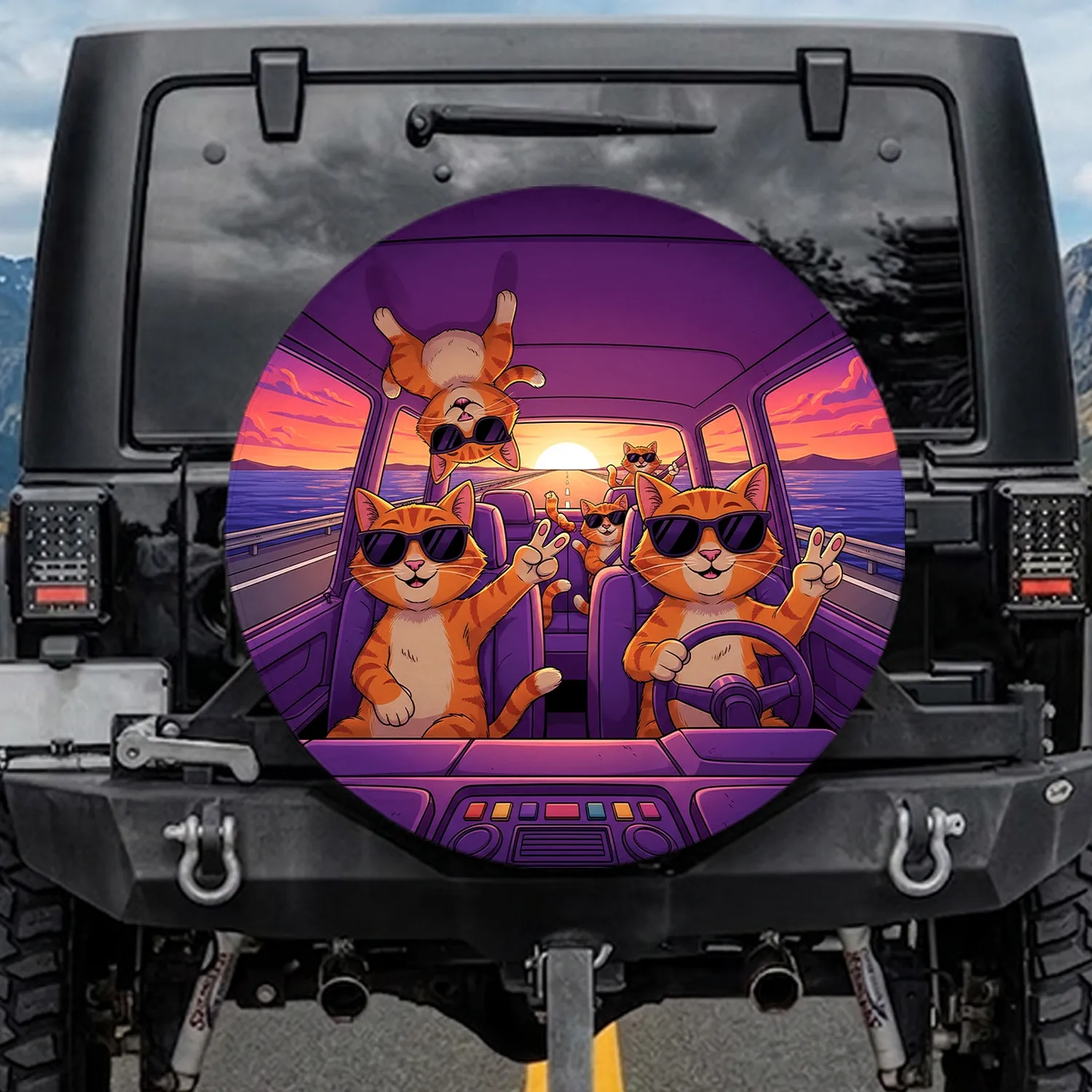 Five Orange Tabby Cats Road Trip Sunset Highway Ocean - Travel Essentials Cat Lover Gift Spare Tire Cover - 1