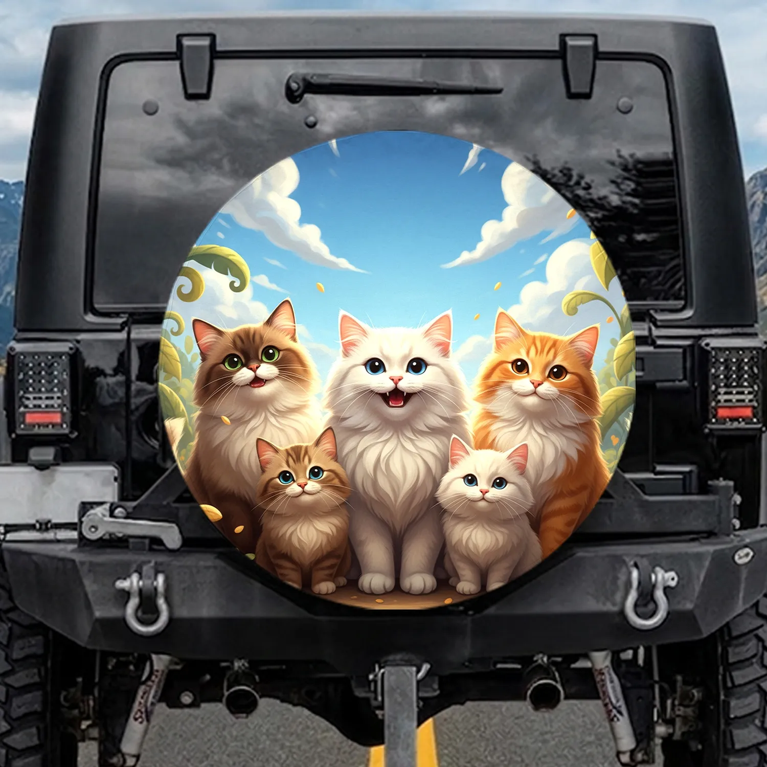 Fluffy Expressive Cats Blue Sky Clouds - Outdoor Lover Gift for Cat Lovers Spare Tire Cover - 1
