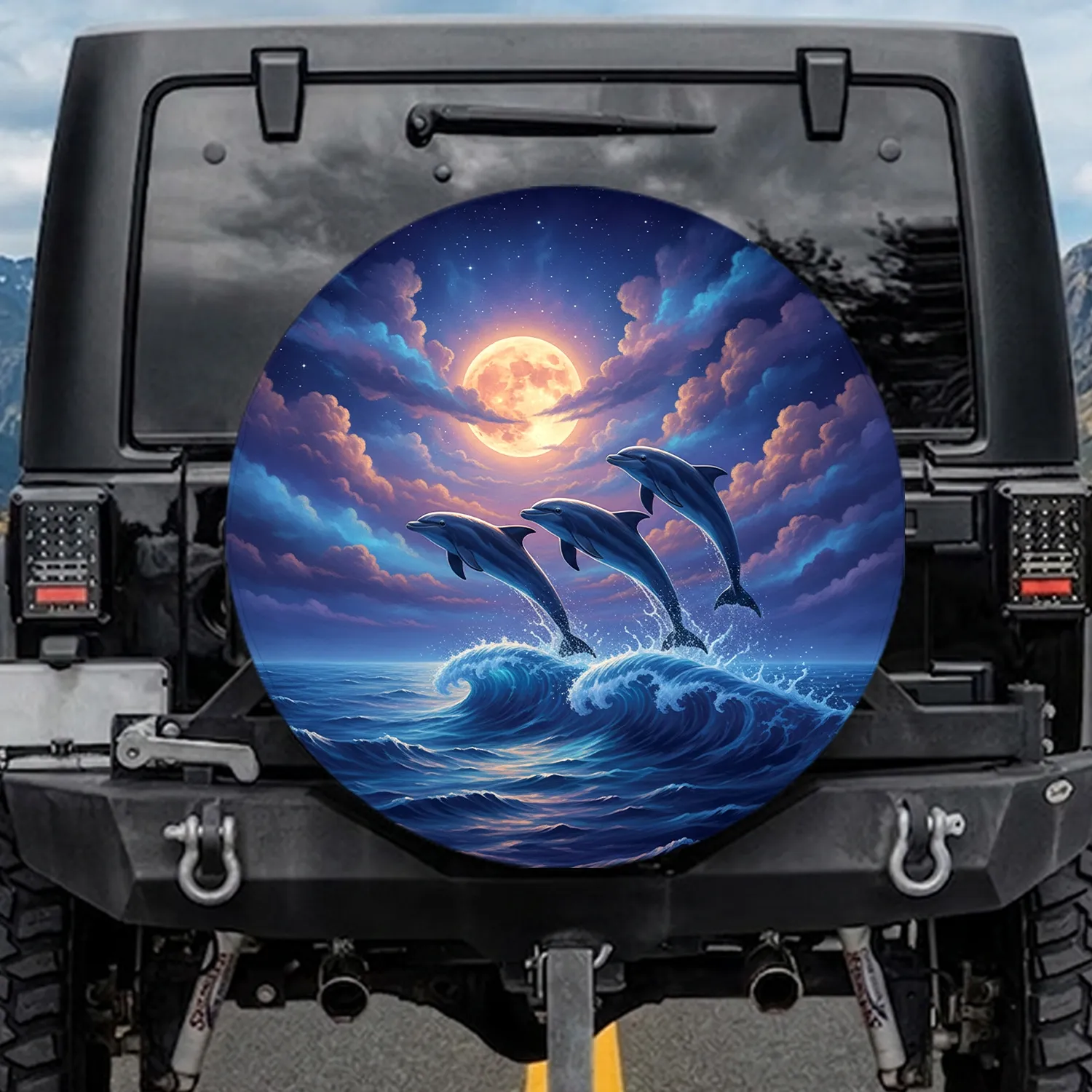 Leaping Dolphins Celestial Ocean Moon Stars - Wildlife Lover Gift Spare Tire Cover - 1