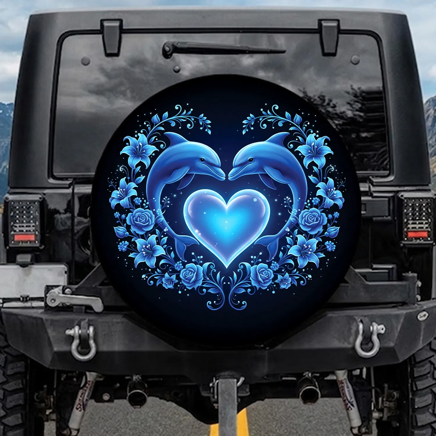 Dolphins Glowing Heart Blue Flowers - Aquatic Lover Lifestyle Gift Spare Tire Cover - 1