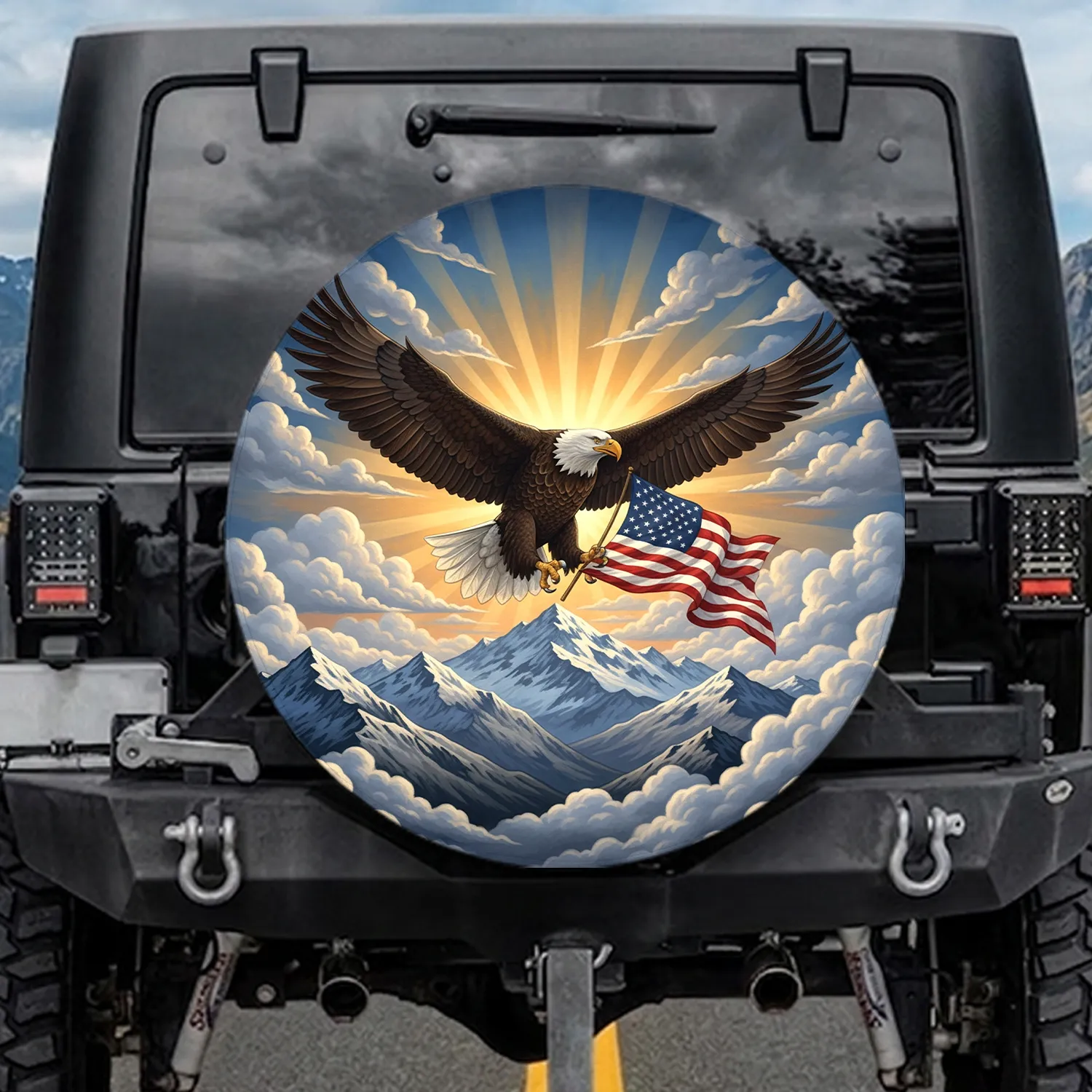 Bald Eagle American Flag Mountains - Independence Day Gift for Veterans Spare Tire Cover - 1