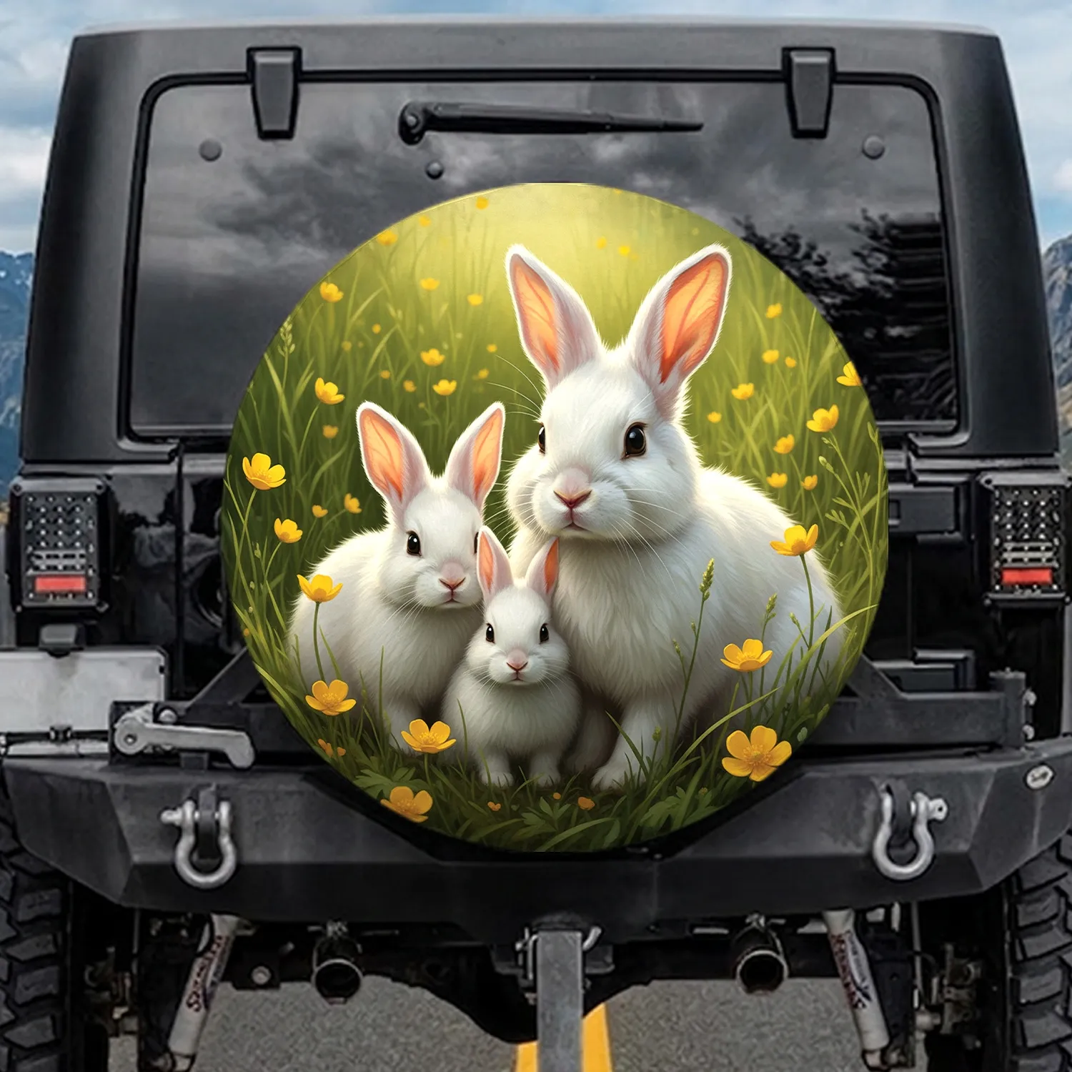 Three Fluffy White Rabbits Meadow Wildflowers - Wildlife Lover Gift Spare Tire Cover - 1