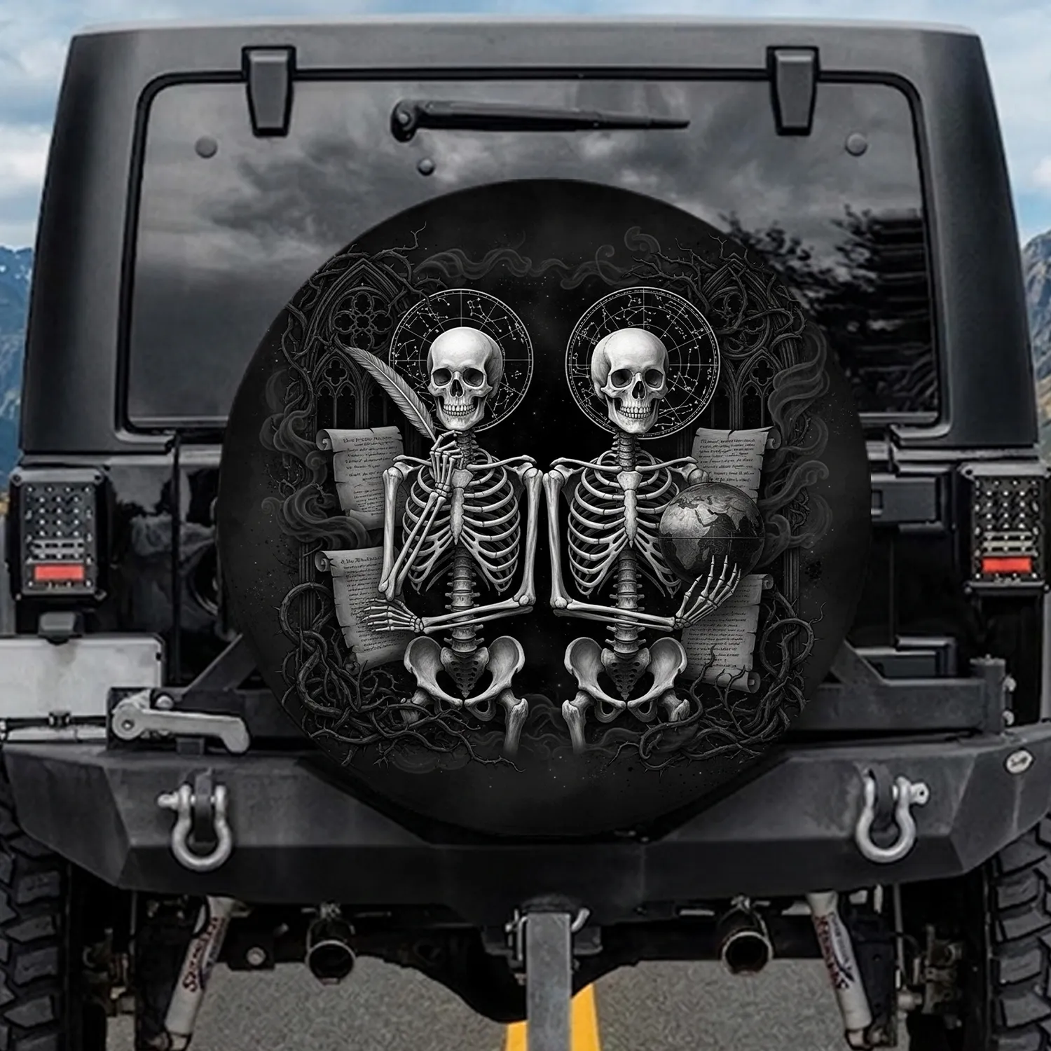 Realistic Skeletons Quill Pen World Globe - Philosophy Lover Gift for Scholar Spare Tire Cover - 1