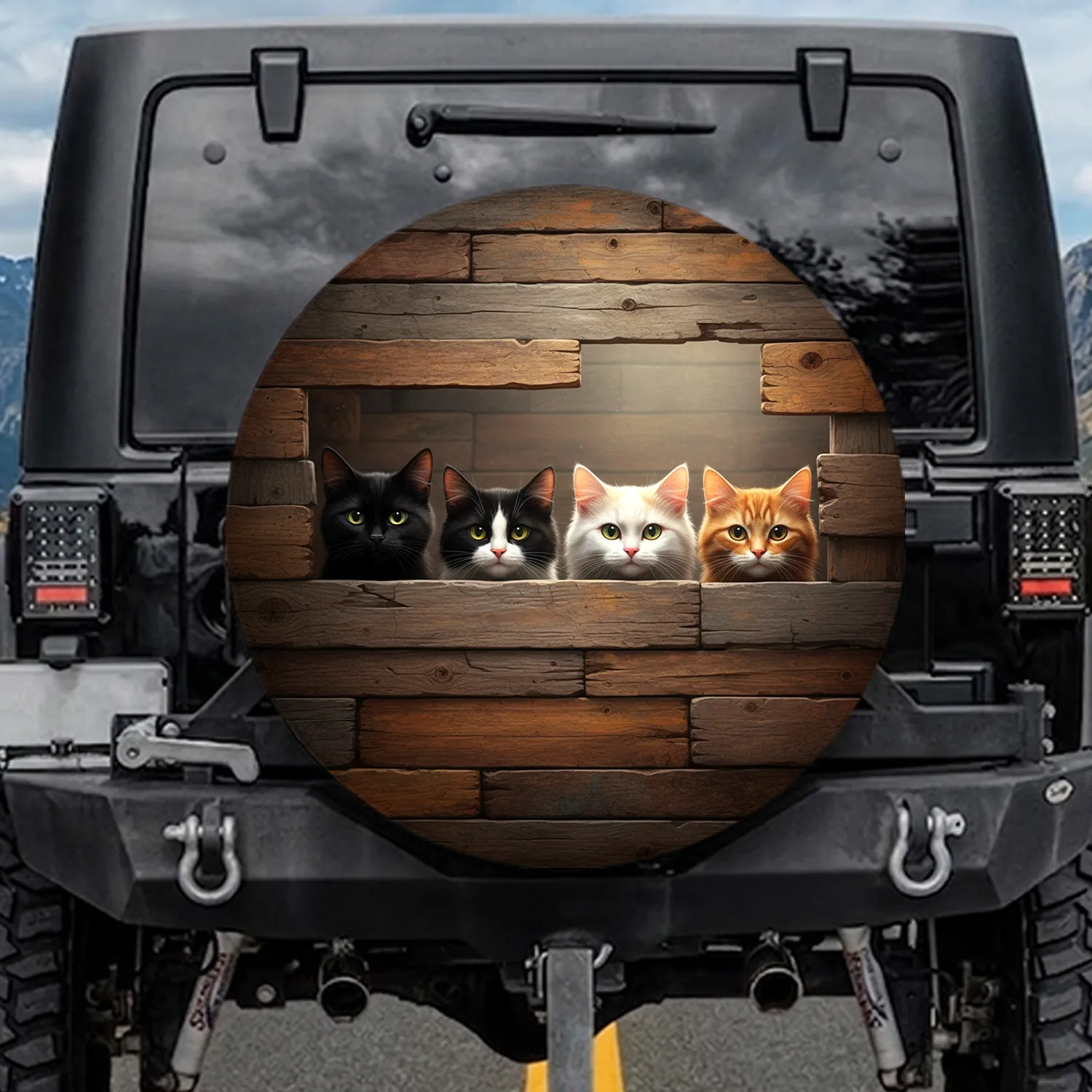 Four Domestic Cats Peeking Rustic Wood - Cat Lover Home Decor Gift Spare Tire Cover - 1