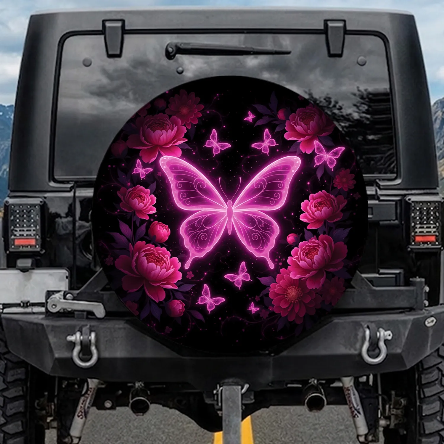Fuchsia Butterfly Rose Peony Flowers Home Decor Gift for Butterfly Lovers Spare Tire Cover - 1