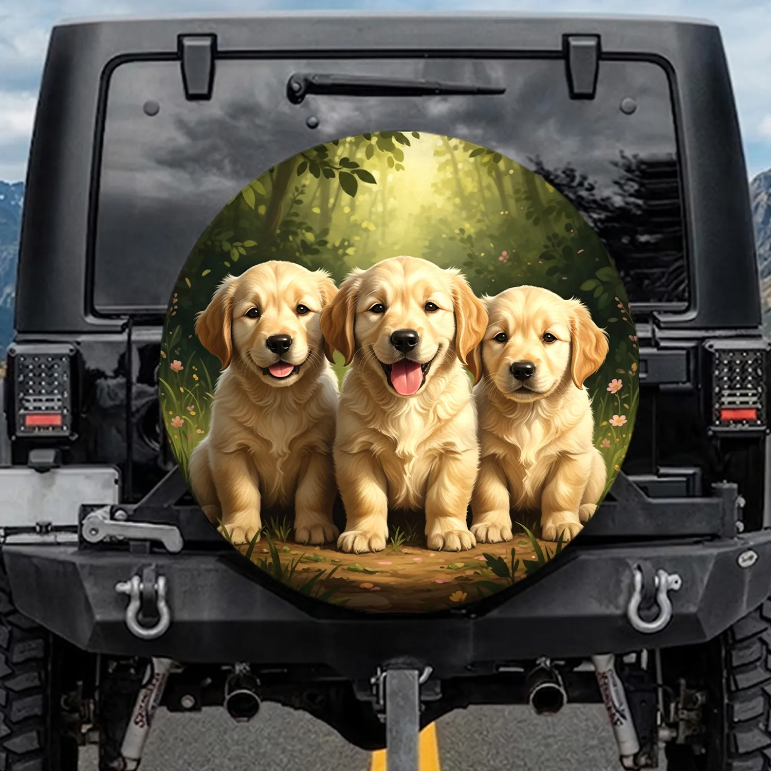 Fluffy Laughing Golden Retriever Puppies Green Forest - Dog Lover Gift Spare Tire Cover - 1