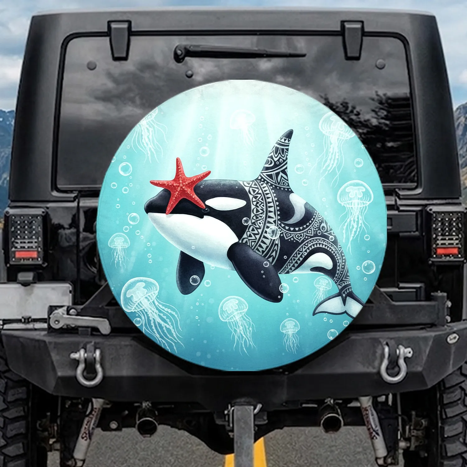 Black White Red Tribal Orca Starfish Jellyfish - Aquamarine Ocean Wildlife Lover Gift Spare Tire Cover - 1