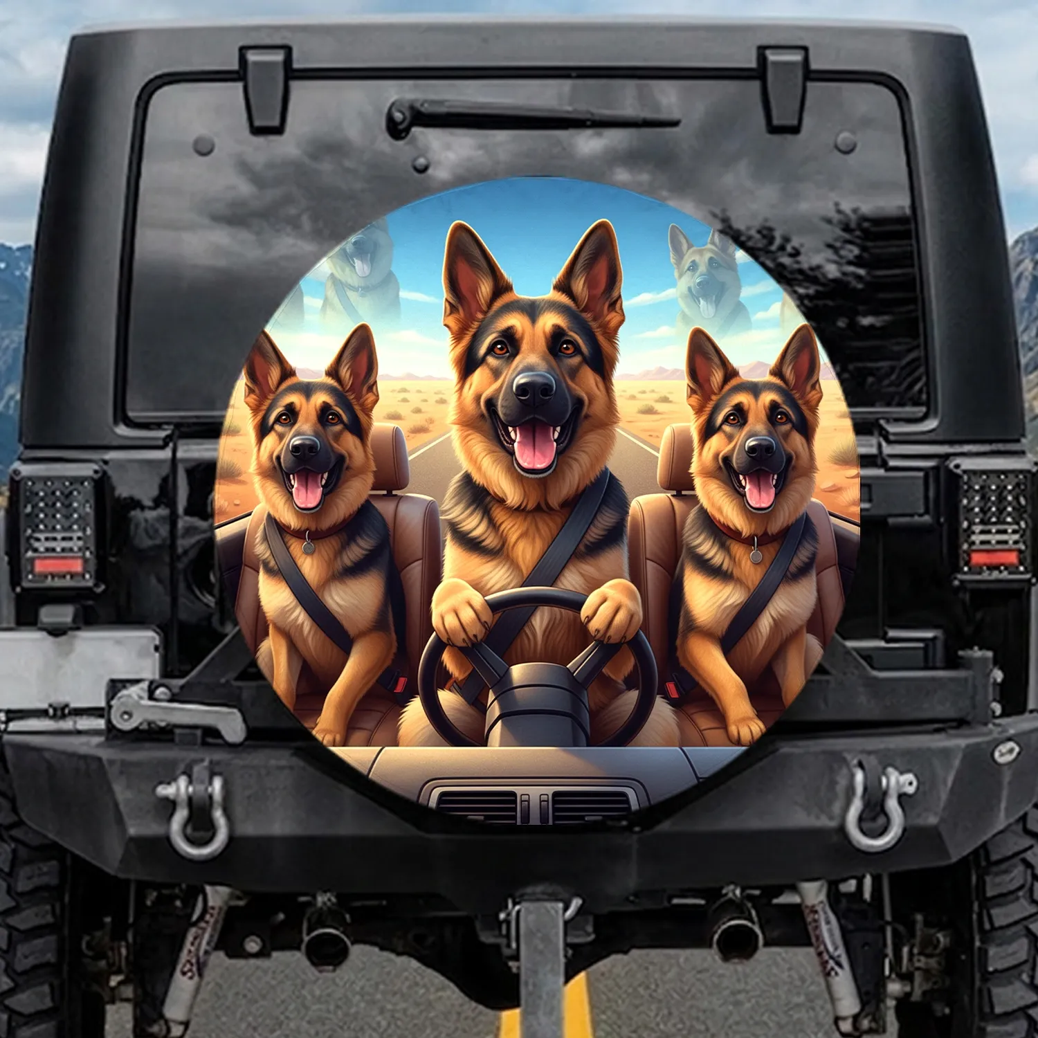 Joyful German Shepherds Driving Desert Highway Adventure - Dog Lover Outdoor Travel Gift Spare Tire Cover - 1