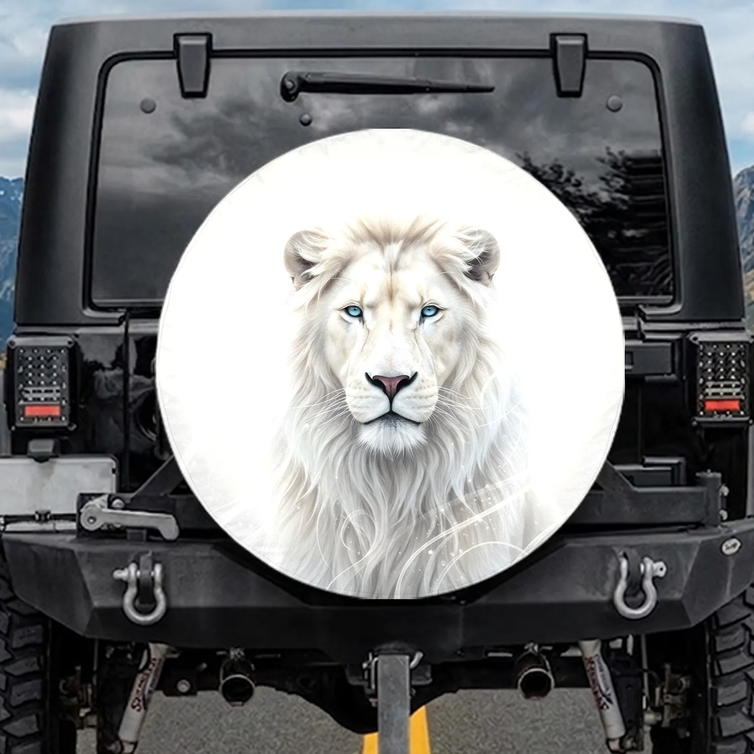 Majestic White Lion Flowing Mane Luminous Fur Ice Blue Eyes - Wildlife Lover Gift Spare Tire Cover - 1