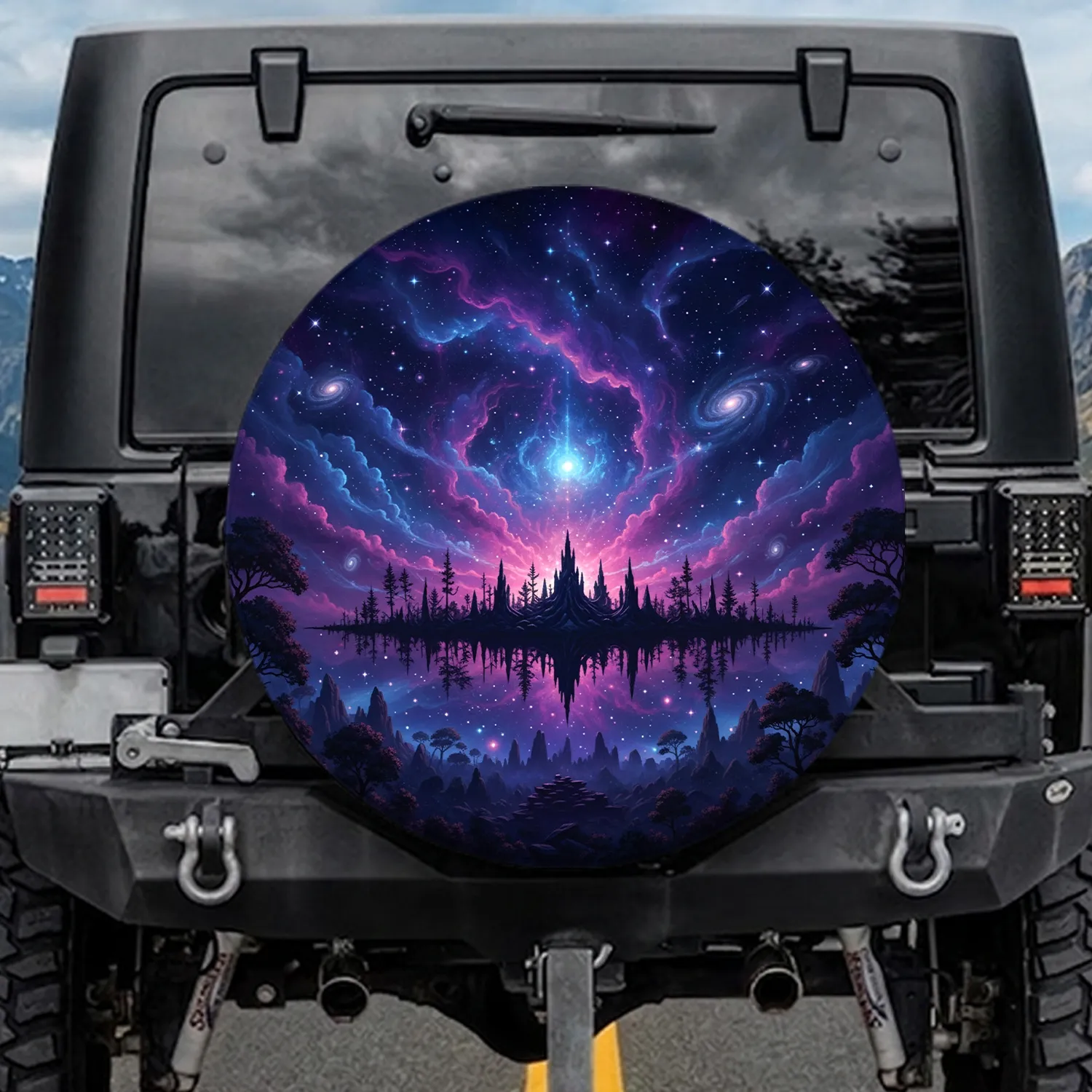 Cosmic Nebula Mystical Forest Twilight Sky Ethereal Clouds - Road Trip Explorer Gift Spare Tire Cover - 1
