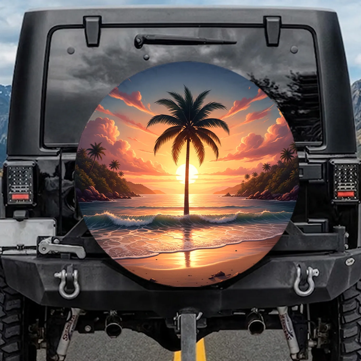 Majestic Palm Tree Tropical Sunset Beach - Coastal Lifestyle Gift Spare Tire Cover - 1