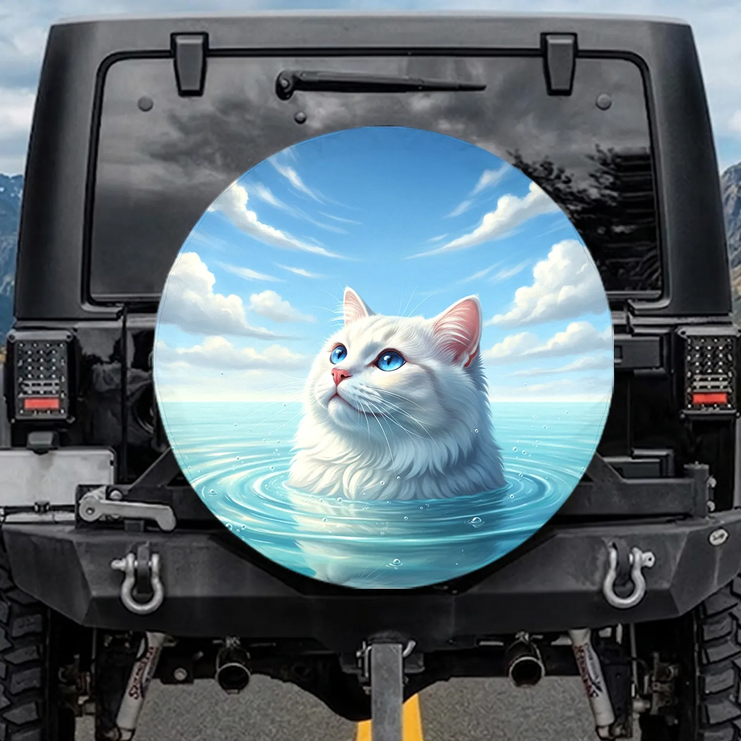 Majestic Fluffy White Cat Blue Eyes Turquoise Water Ripples Sky - Wildlife Lover Gift Spare Tire Cover - 1