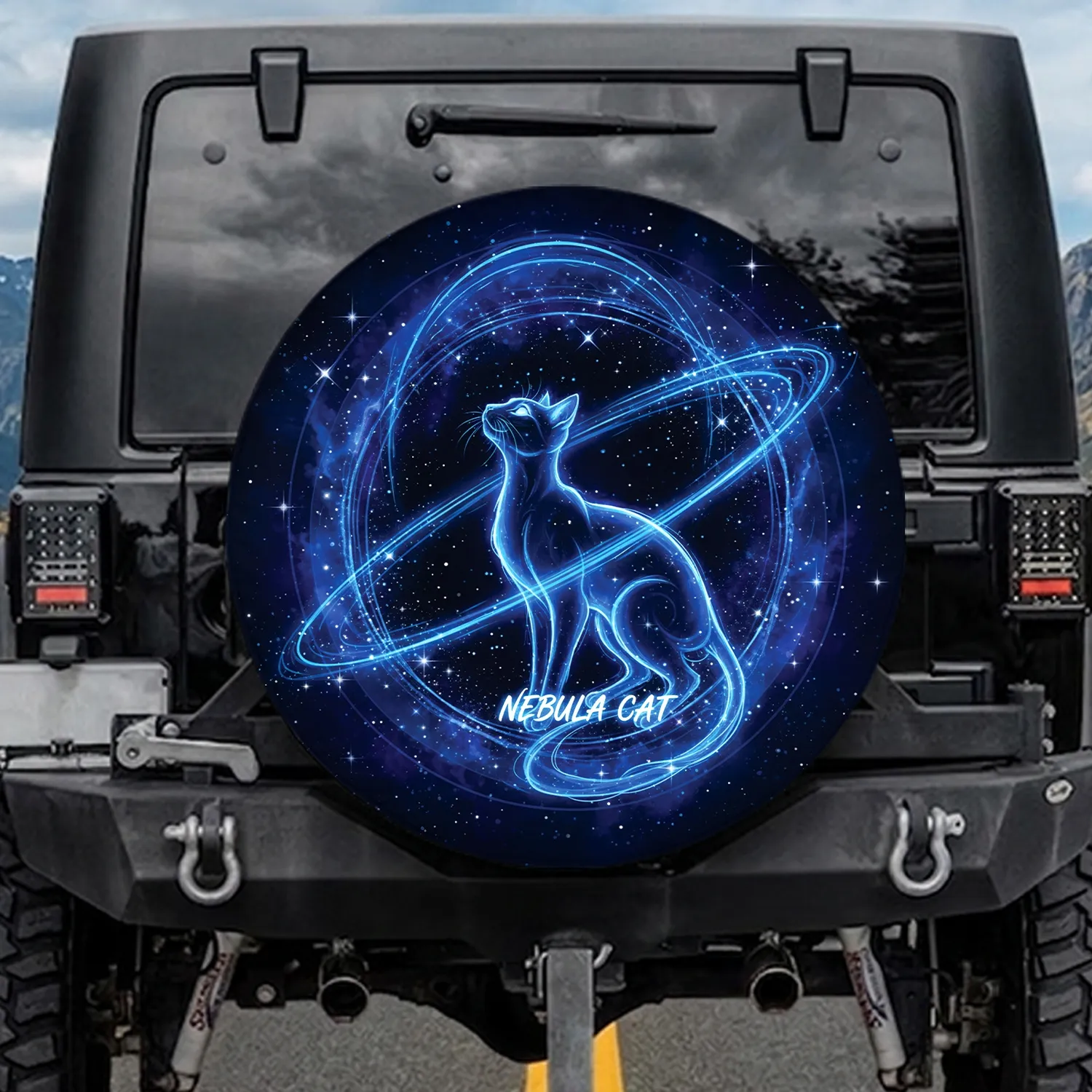 Electric Blue Feline Cosmic Sky Vehicle Decor Gift for Cat Lovers Spare Tire Cover - 1