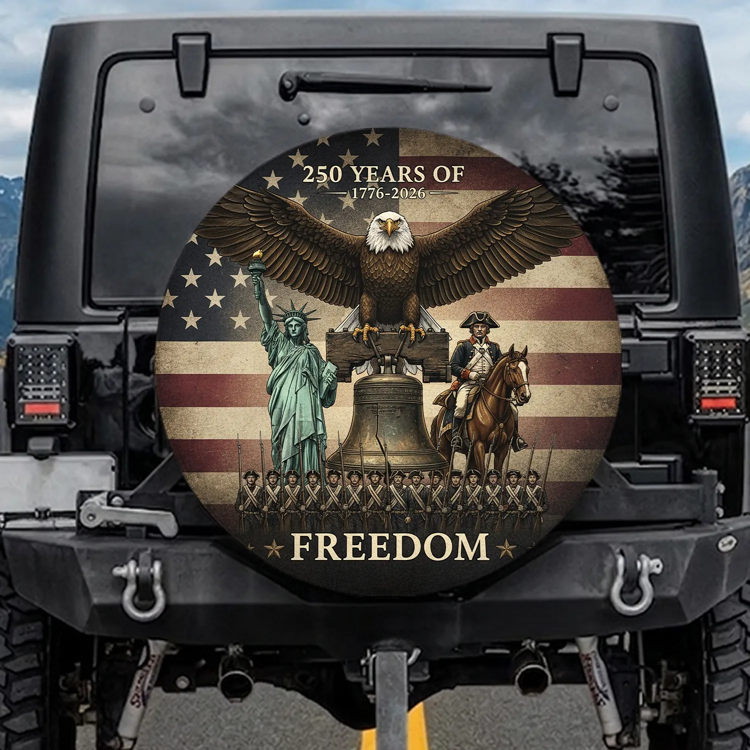 Bald Eagle Liberty Bell Statue Soldier 250 Years Freedom American Flag - Freedom Anniversary Gift for Veterans Spare Tire Cover - 1