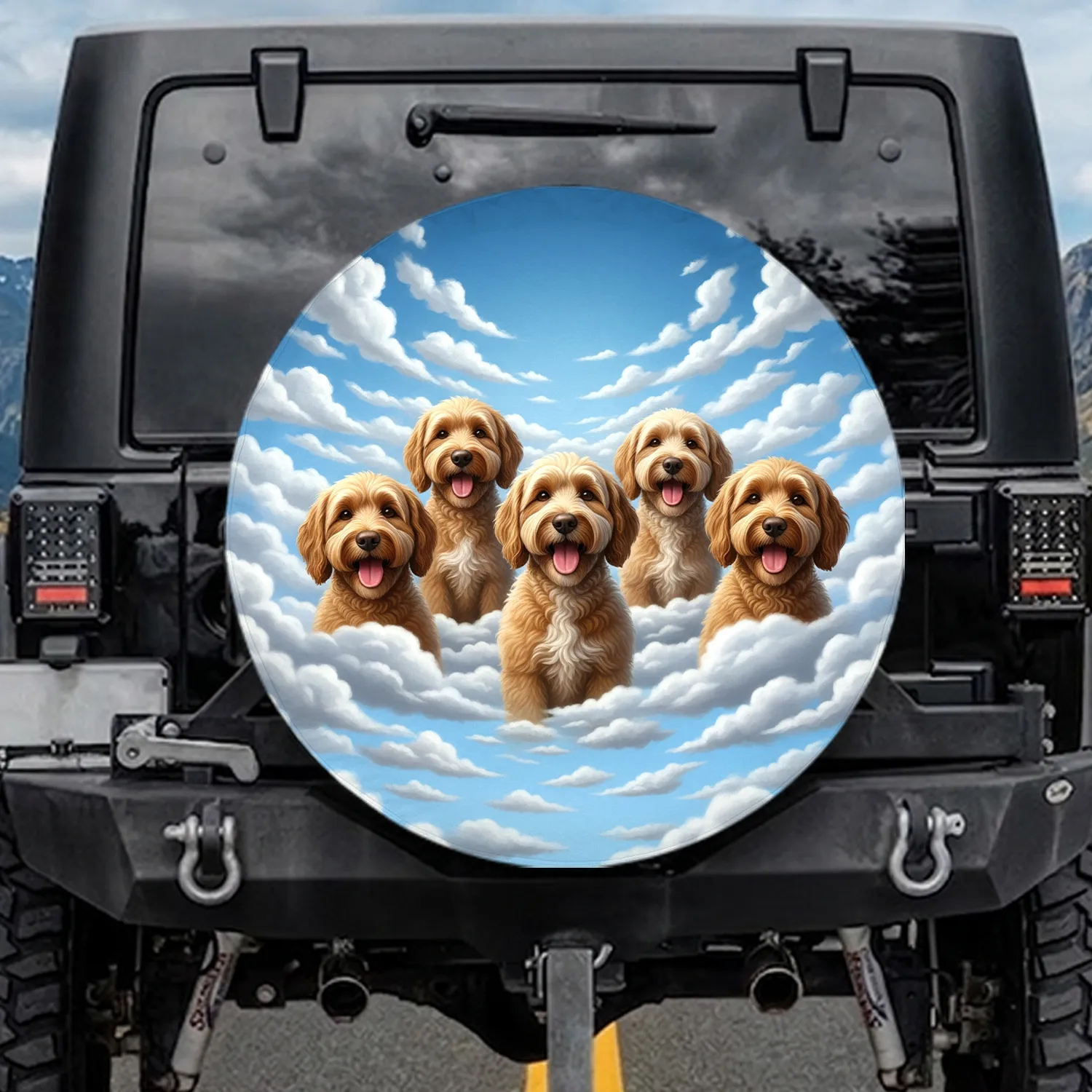 Five Golden Doodle Dogs with Cloud Sky View - Dog Lover Outdoor Vehicle Travel Gift Spare Tire Cover - 1
