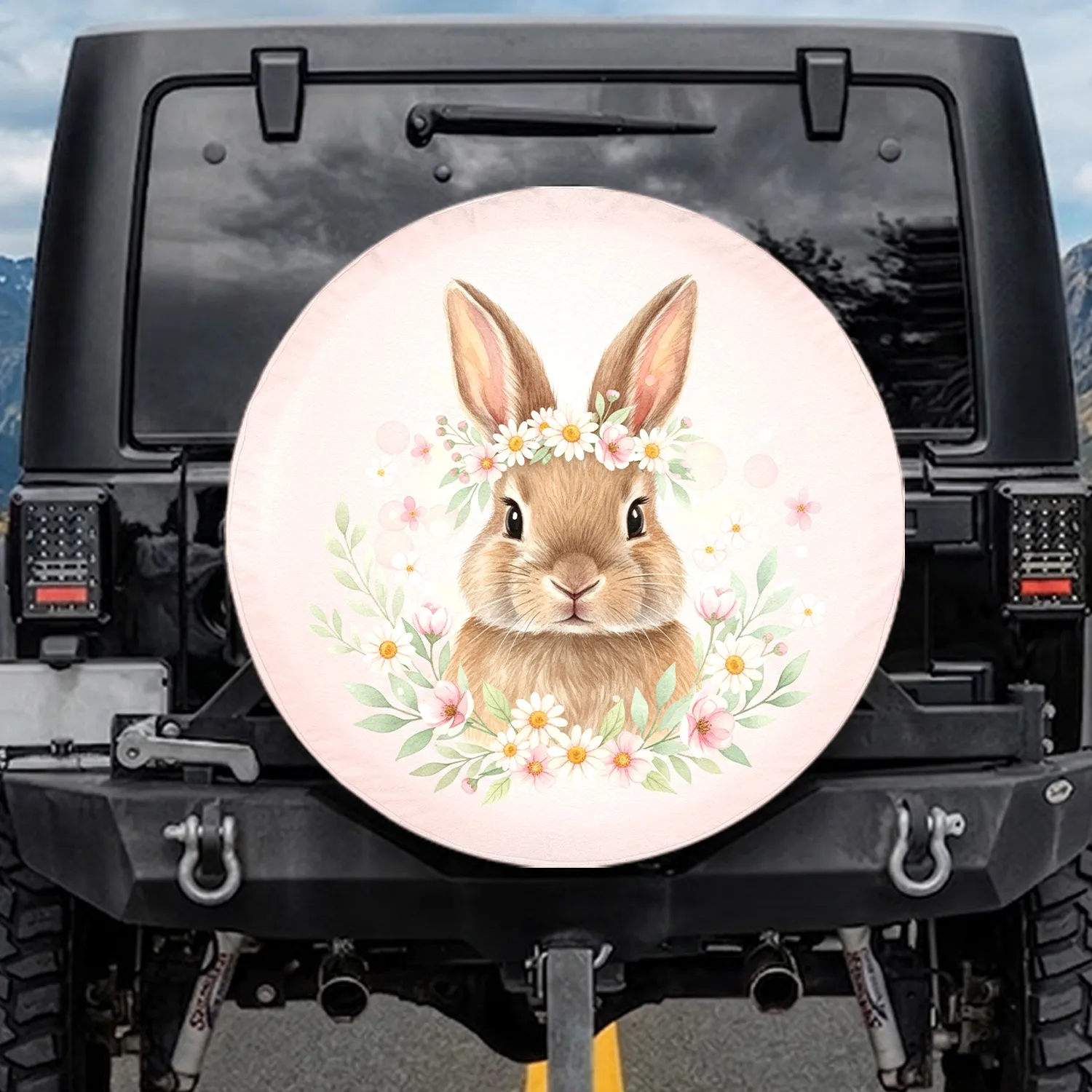 Fluffy Brown Bunny Daisy Wildflower - Spring Decor Gift for Bunny Lover Spare Tire Cover - 1
