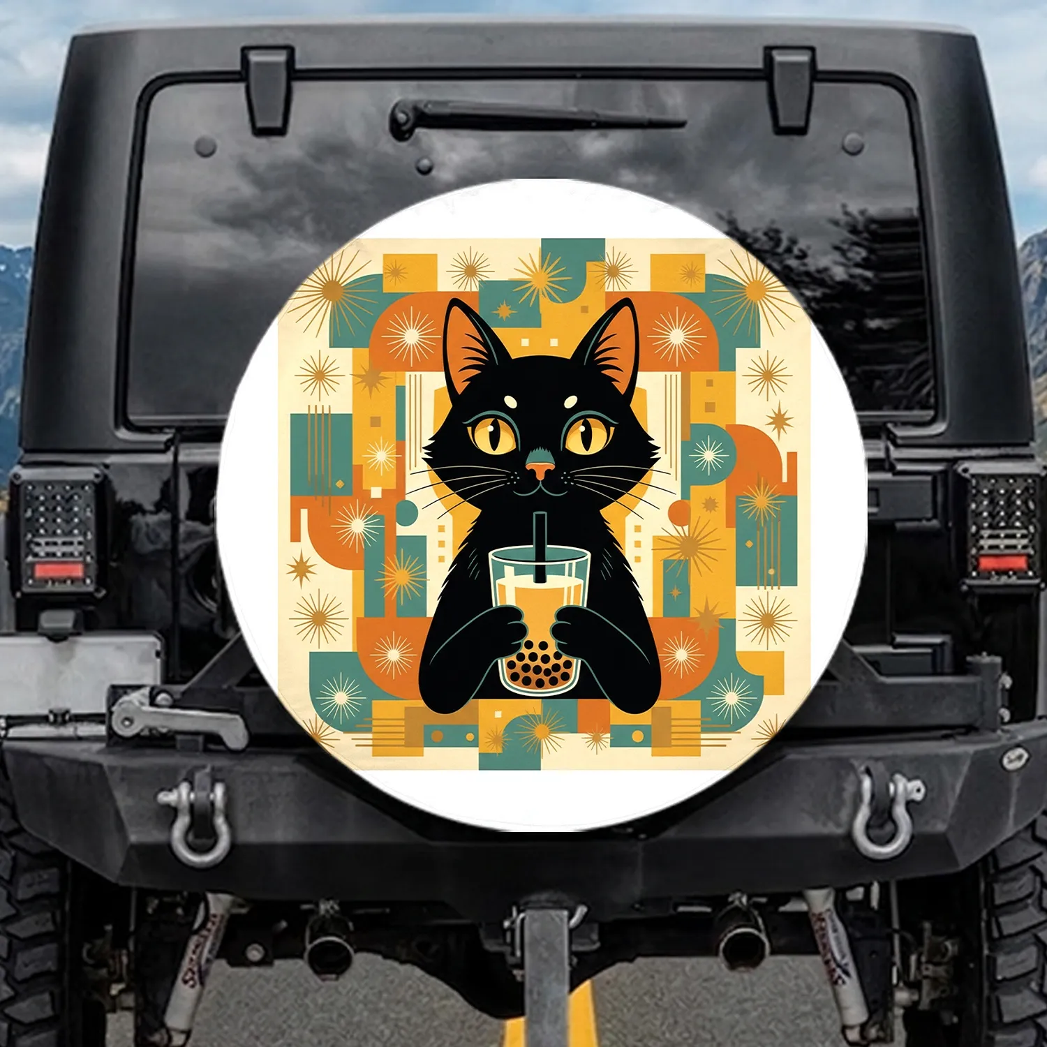 Black Cat Bubble Tea Golden Eye Geometric Shapes Starburst - Cat Lover Home Decor Gift Spare Tire Cover - 1