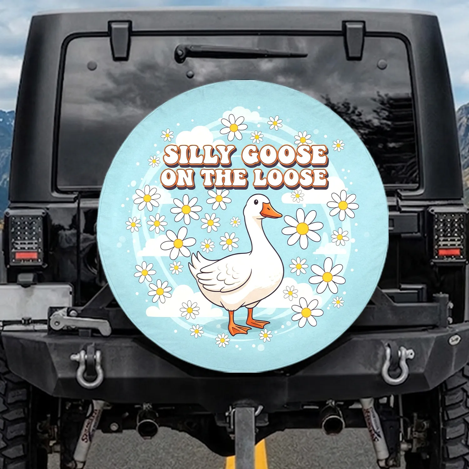 Silly Goose On The Loose White Goose Daisy Clouds - Wildlife Lover Gift Spare Tire Cover - 1