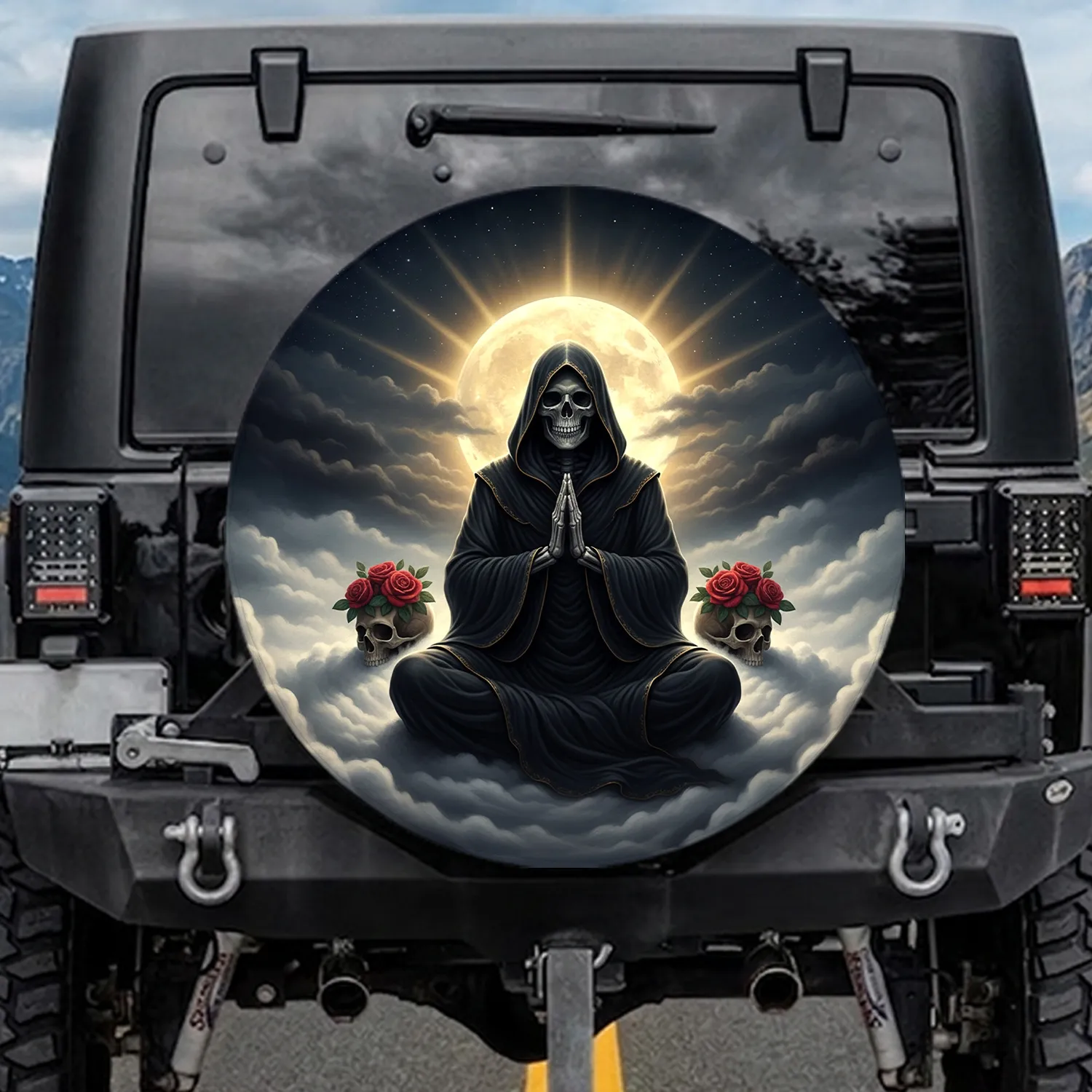 Meditating Grim Reaper Figure Skulls Red Roses Cosmic Sky - Home Decor Gift Spare Tire Cover - 1