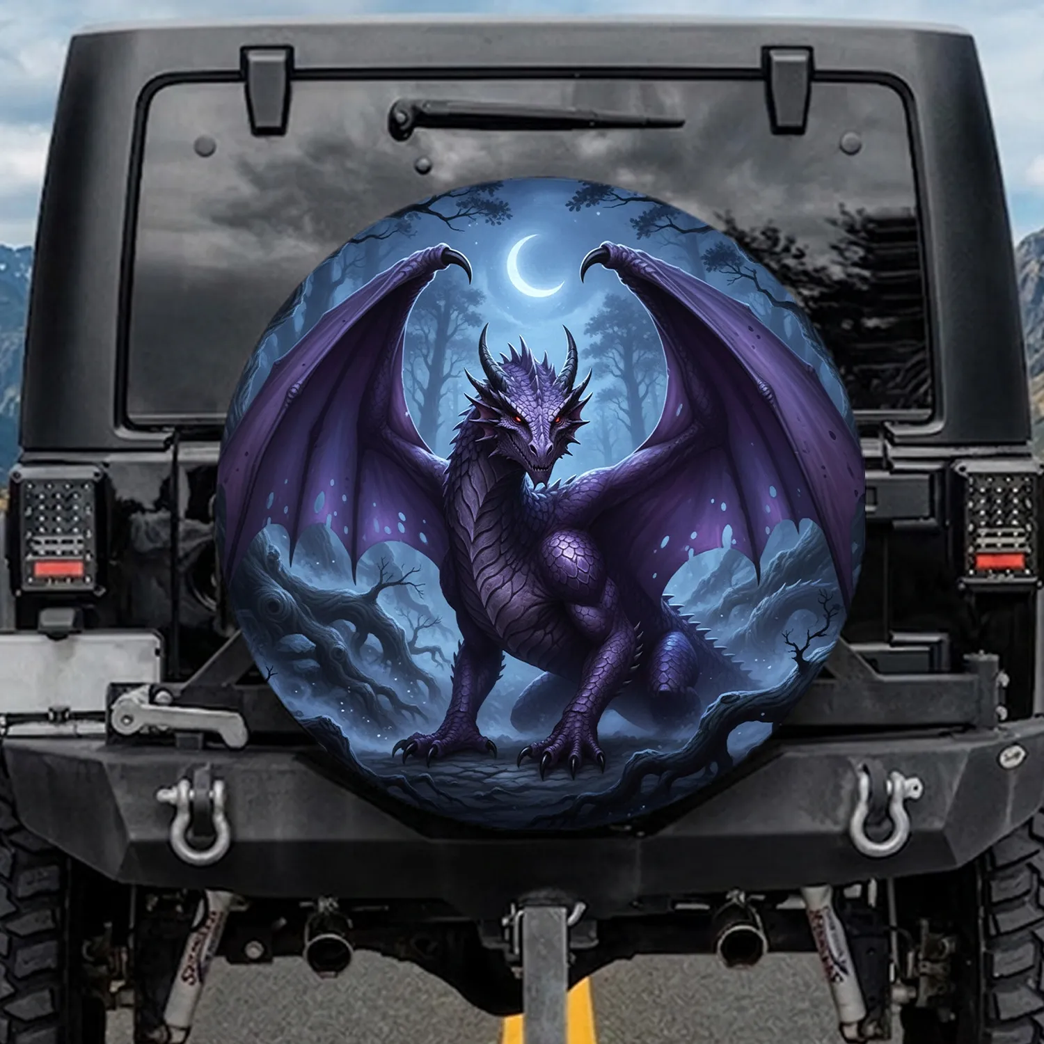 Purple Dragon Unfurled Wings Red Eyes Gnarled Trees Forest - Dragon Lover Home Decor Gift Spare Tire Cover - 1