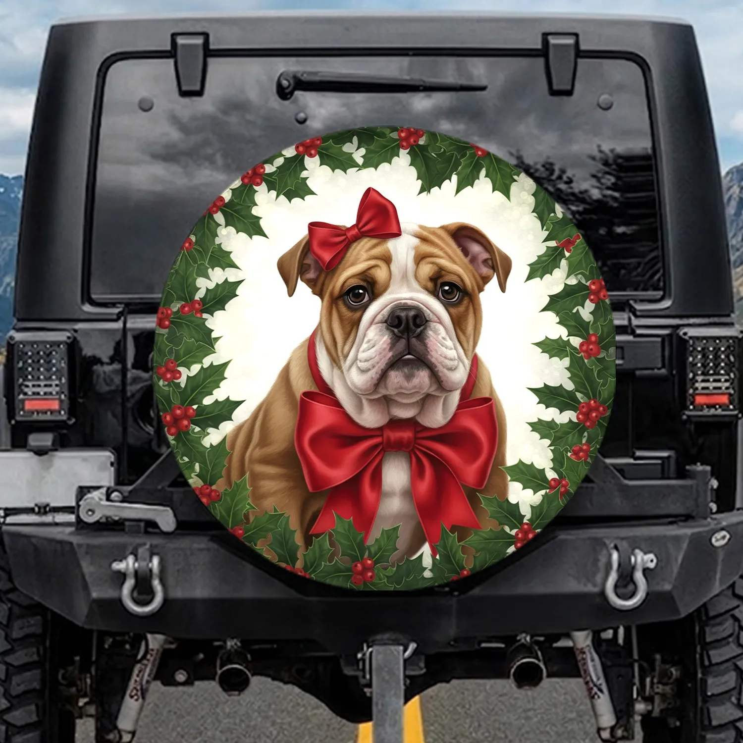 English Bulldog Puppy Red Bow Holly Wreath - Christmas Gift for Dog Lovers Spare Tire Cover - 1