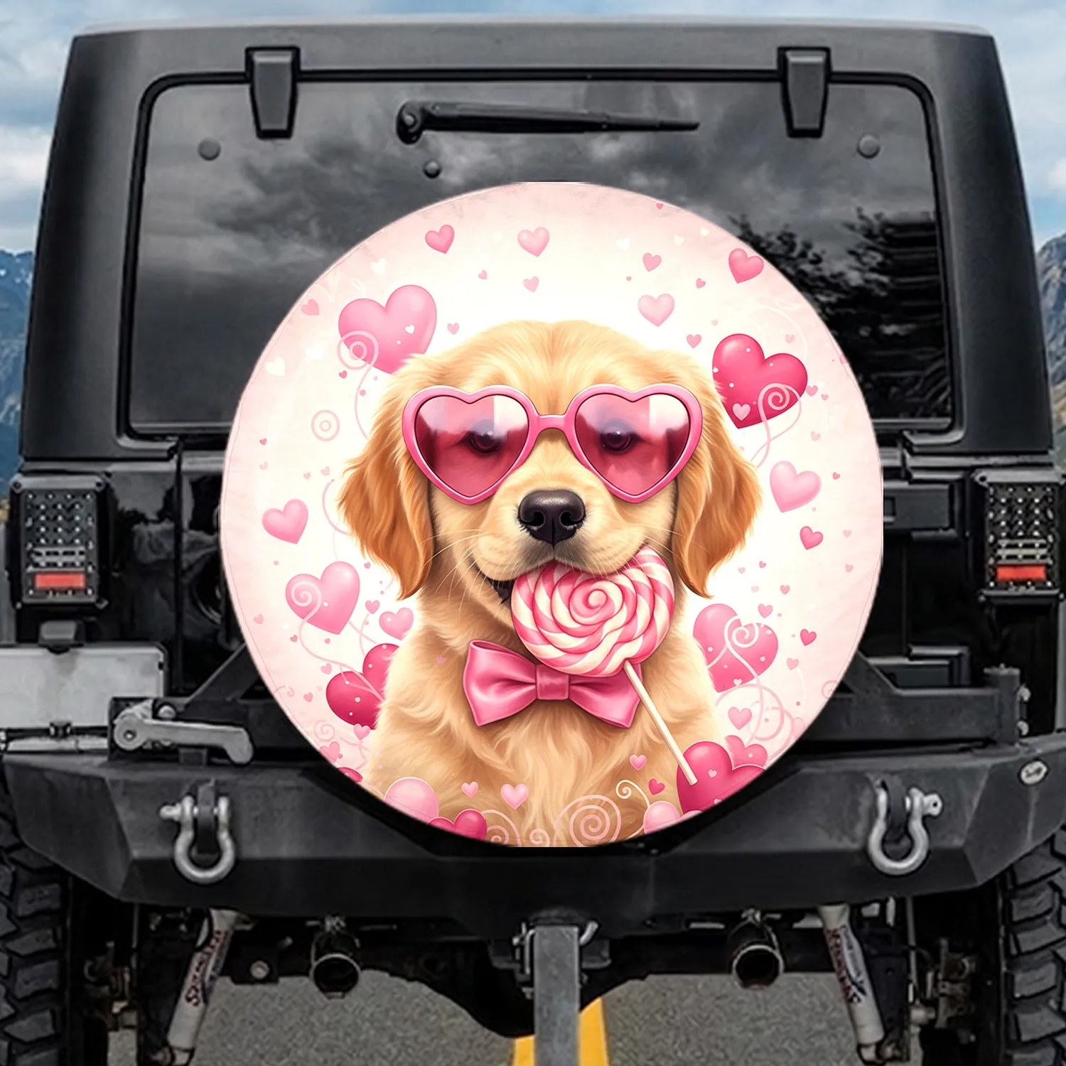 Golden Retriever Puppy Pink Sunglasses Valentine's Day Gift Dog Lover Spare Tire Cover - 1