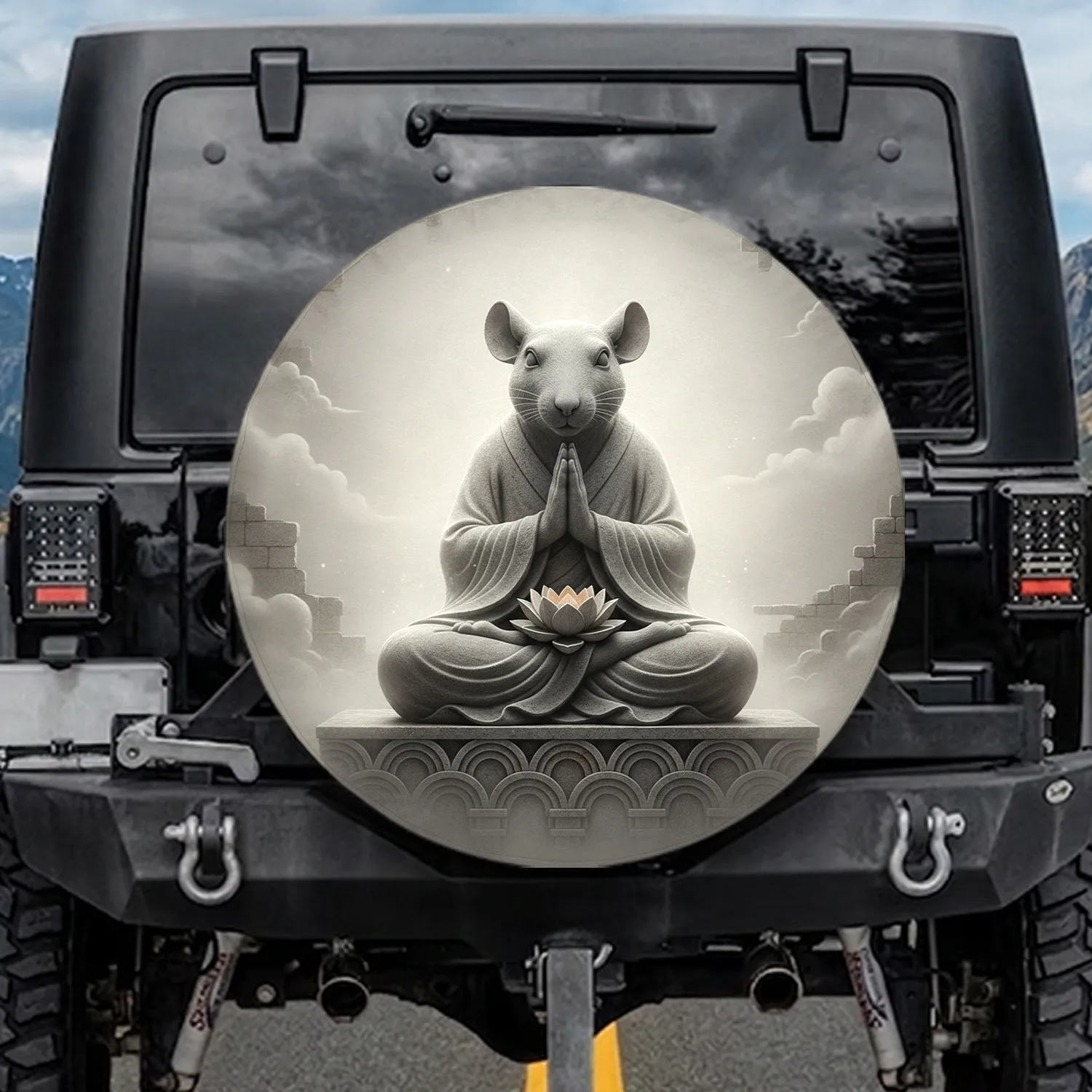 Ancient Stone Meditating Rat Prayer Gesture Lotus Flower - Zen Lifestyle Travel Gift Spare Tire Cover - 1